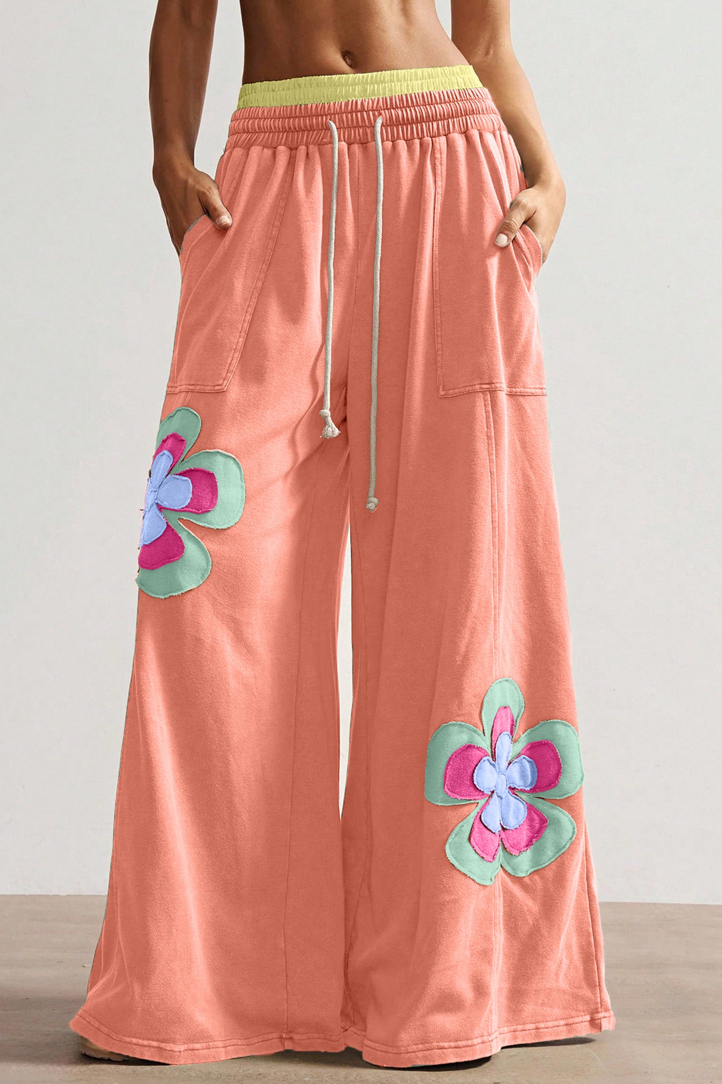 Color Block Flower Patchwork Drawstring Contrasted Elastic Waist Wide Leg Pants - 3 COLOR OPTIONS