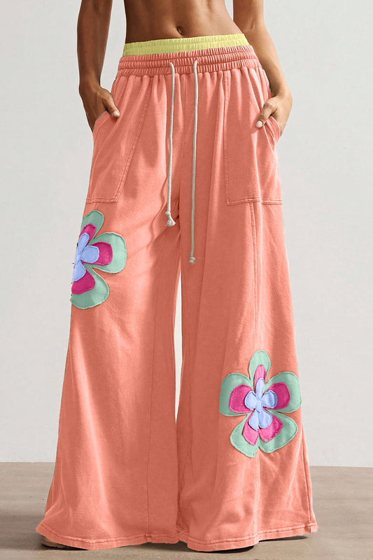 Color Block Flower Patchwork Drawstring Contrasted Elastic Waist Wide Leg Pants - 3 COLOR OPTIONS