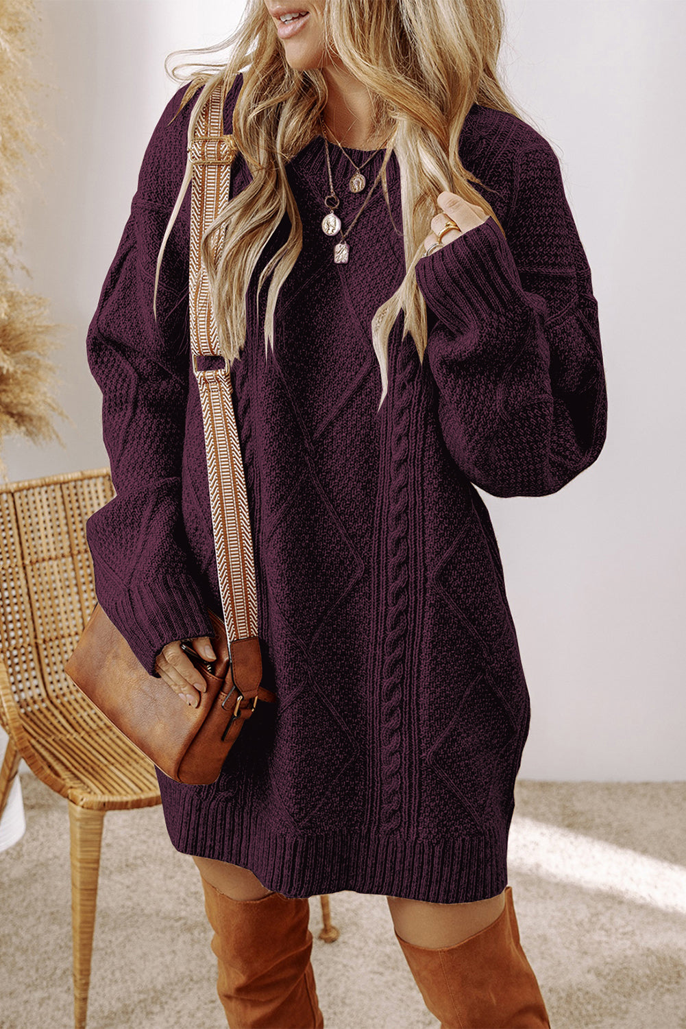 Cable Knit Drop Shoulder Loose Fit Sweater Dress -2 COLOR OPTIONS