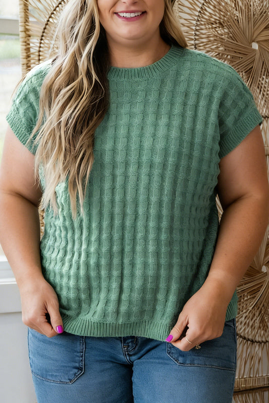 PLUS SIZE-Mist Green Solid Color Textured Knit Short Sleeve Sweater