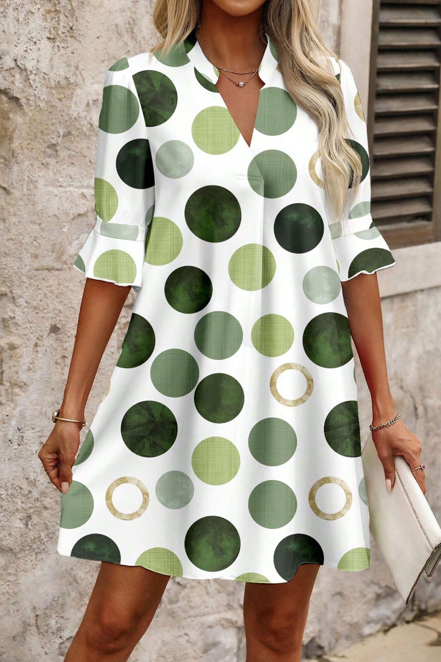 Pinched V Neck Polka Dot Print Casual Vacation Style Mini Dress- 2 COLOR OPTIONS