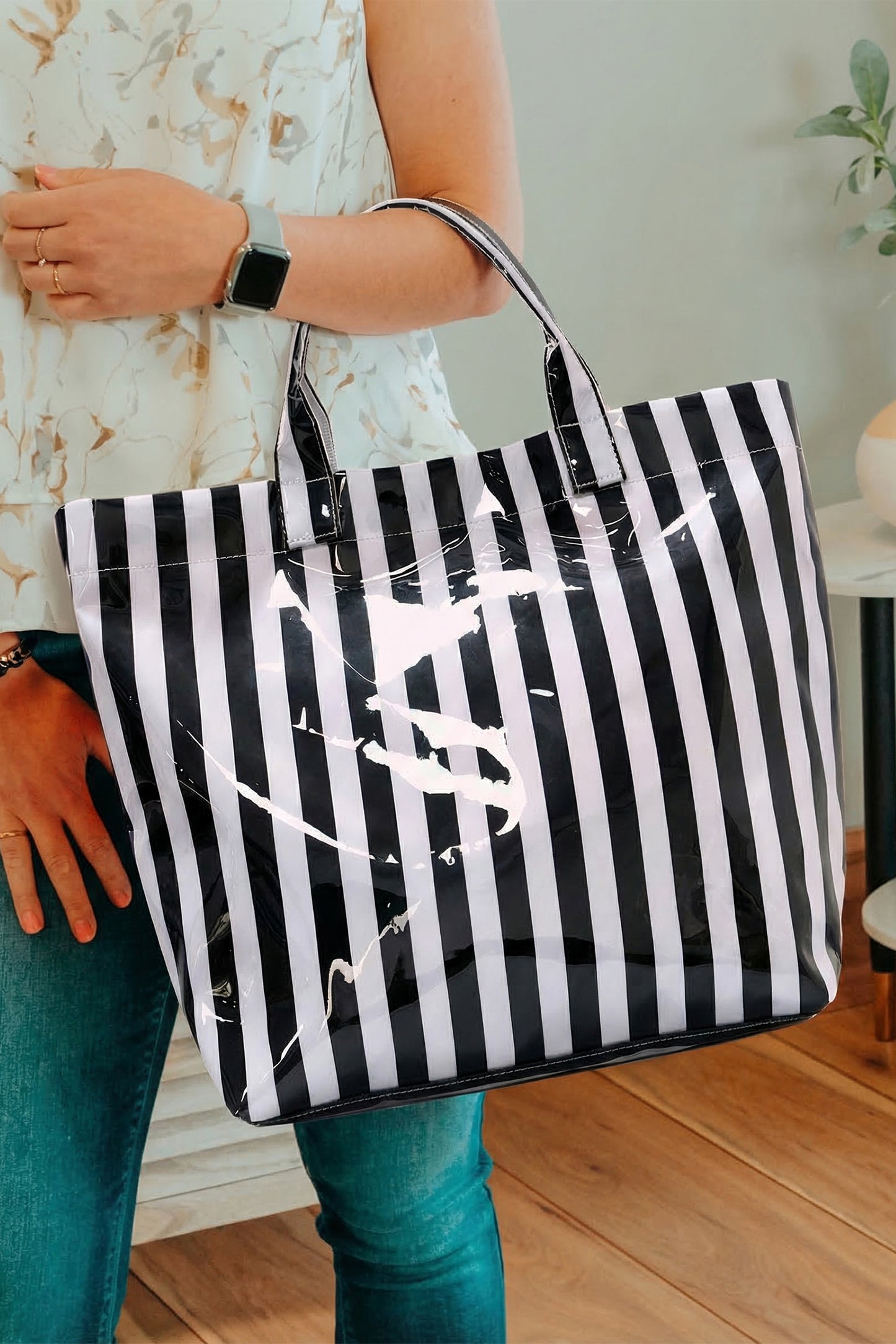 Rainbow Glossy Striped Vinyl Large Tote Bag -8 COLOR OPTIONS