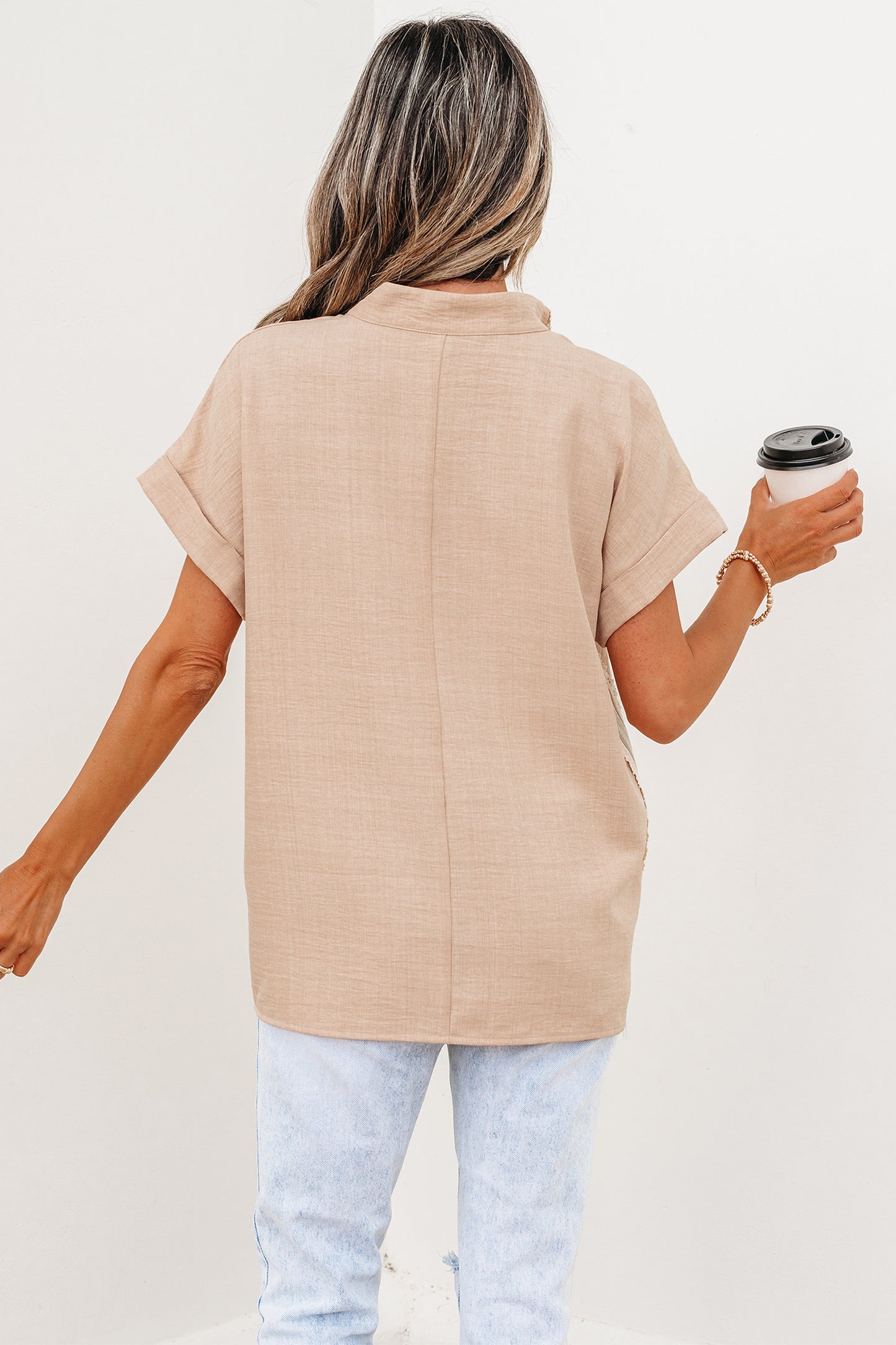 Crochet Lace Accent Pullover Rolled Short Sleeve Blouse -2 COLOR OPTIONS