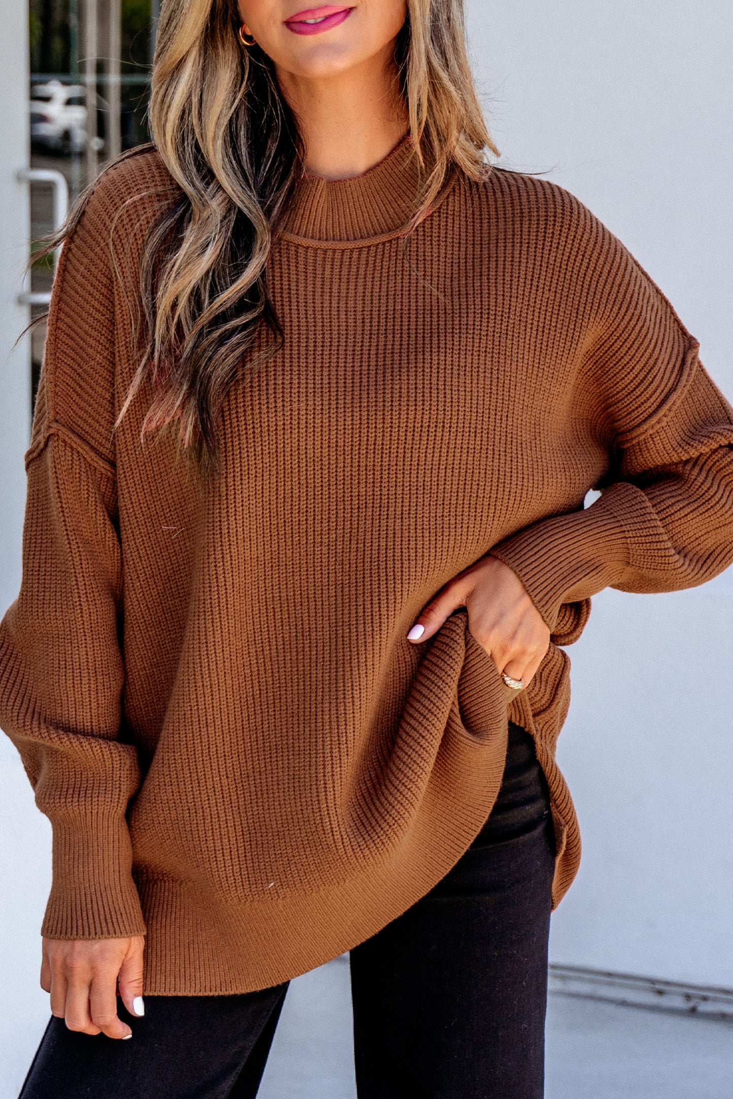 Long Sleeve Ribbed Knit Stand Neck Regular Fit Sweater -3 COLOR OPTIONS
