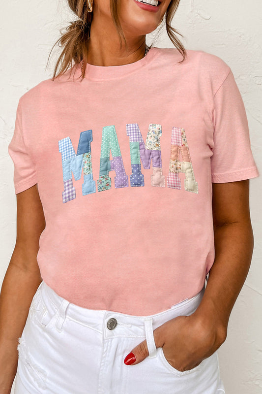 Pink Faux Patchwork Print Floral MAMA Lettering T Shirt