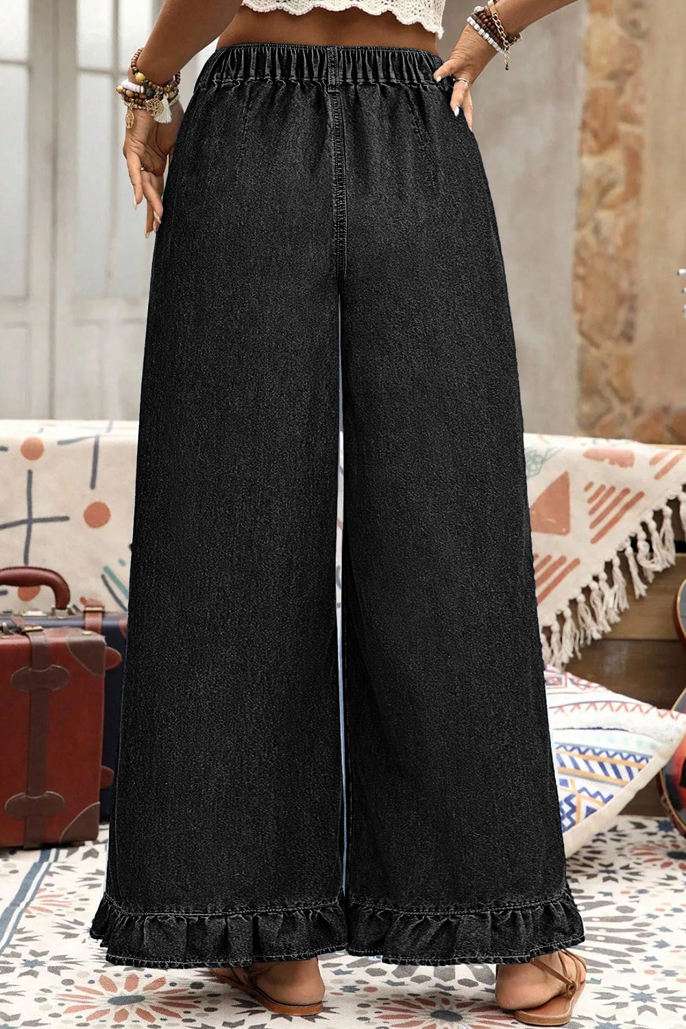 PLUS SIZE -Elastic Waist Ruffled Wide Leg Denim Pants Plus Size -4 COLOR OPTIONS