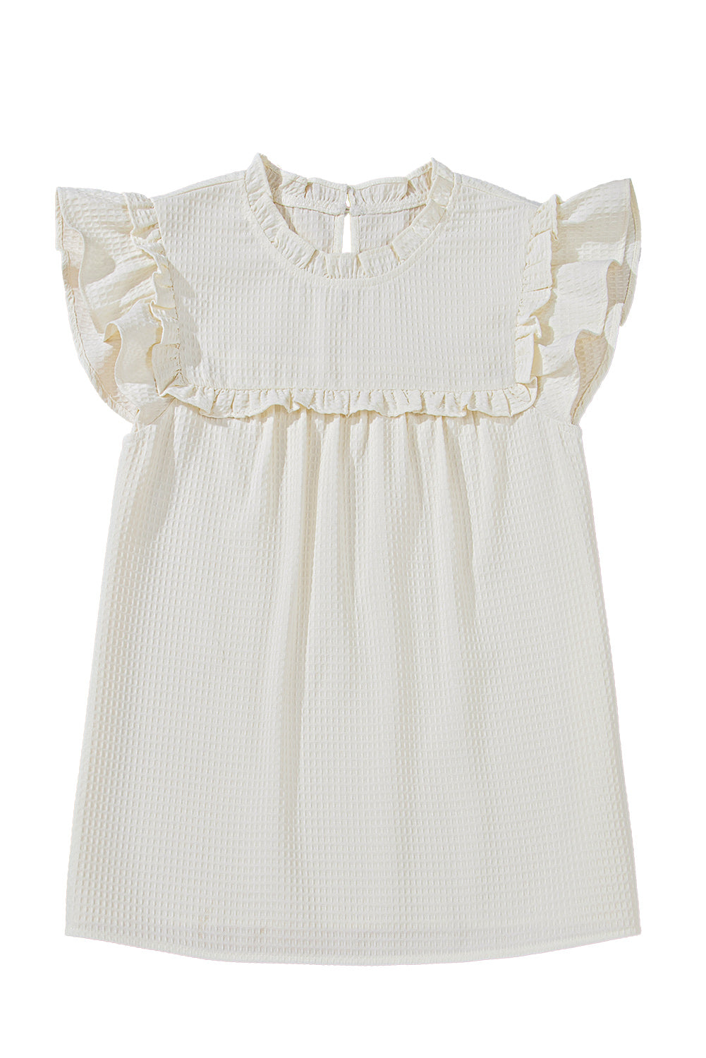 White Solid Color Ruffle Trim Waffle Textured Blouse
