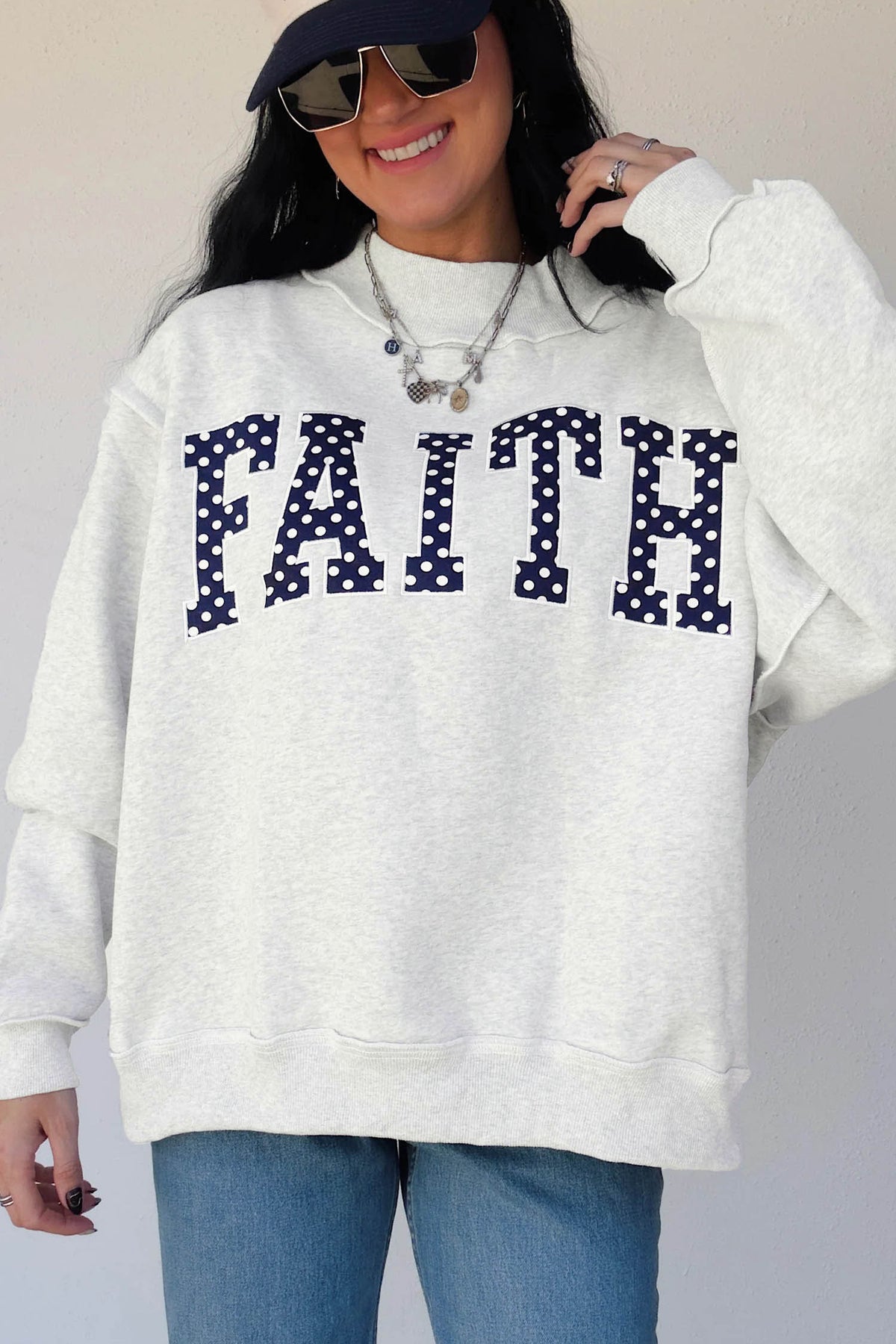 Light Grey High Neck Polka Dot Slogan Printed Baggy Sweatshirt