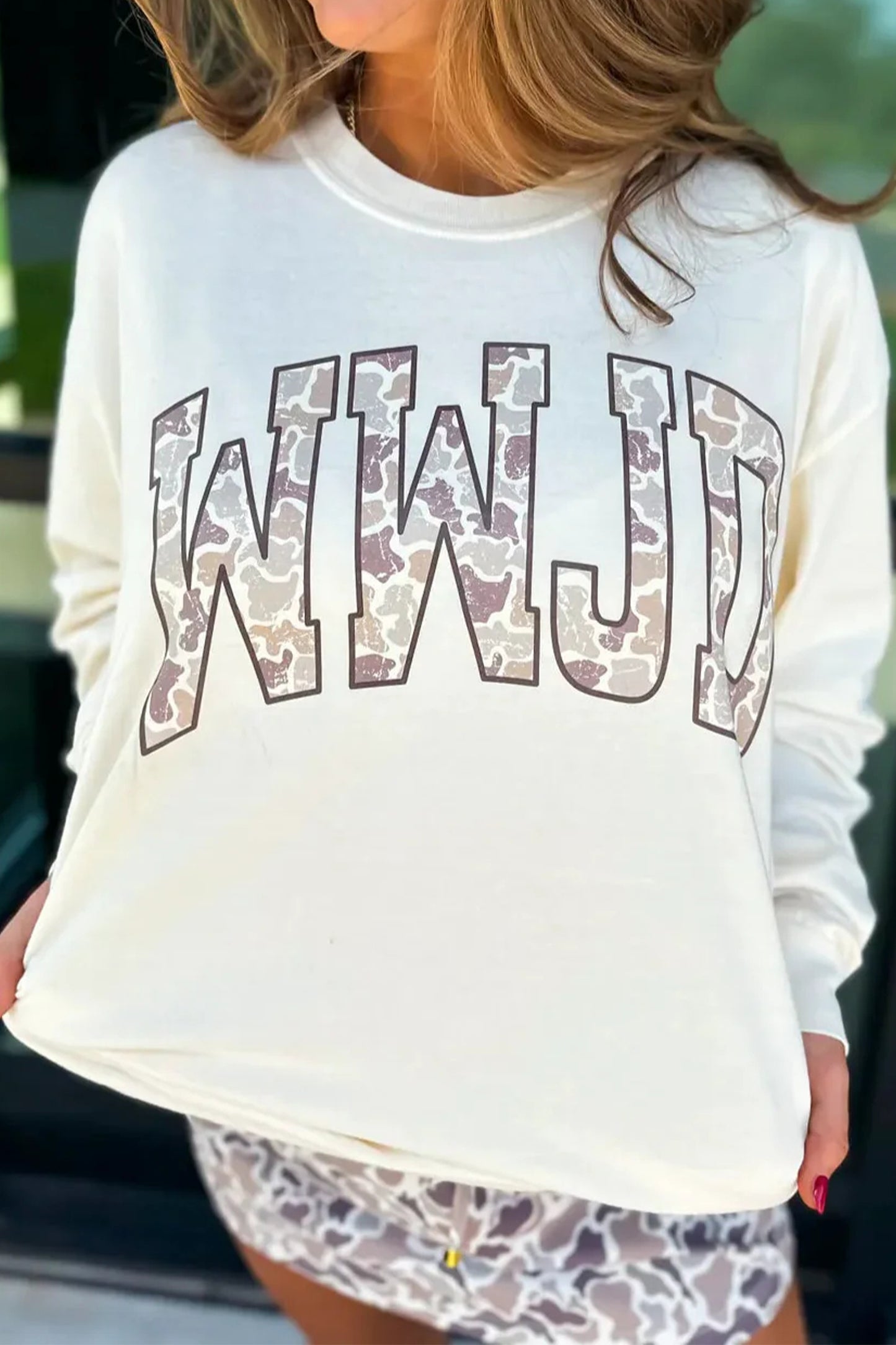 WWJD Camo Letter Printed Long Sleeve Top