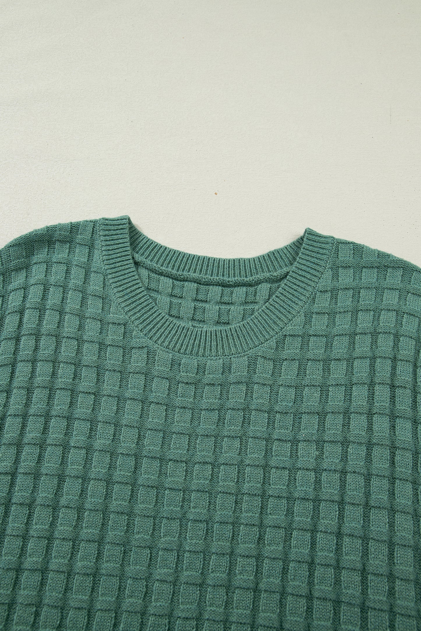 PLUS SIZE-Mist Green Solid Color Textured Knit Short Sleeve Sweater