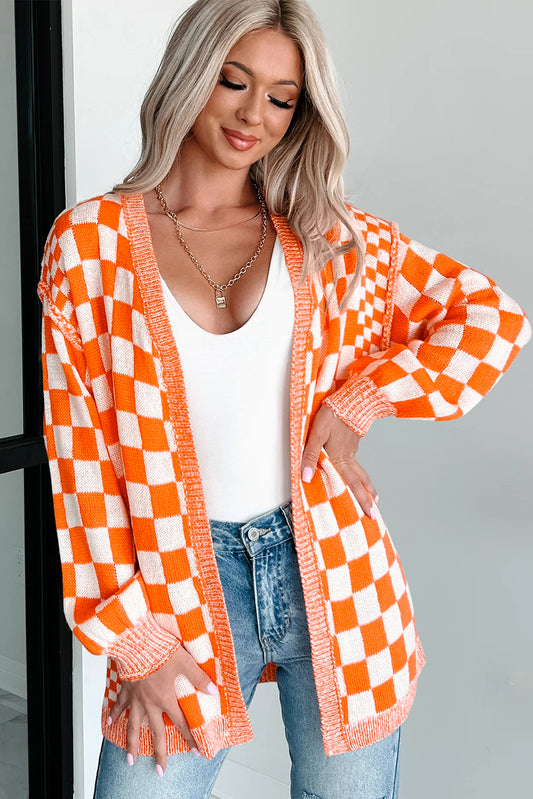 Orange Checkered Open Front Drop Shoulder Cardigan -3 COLOR OPTIONS