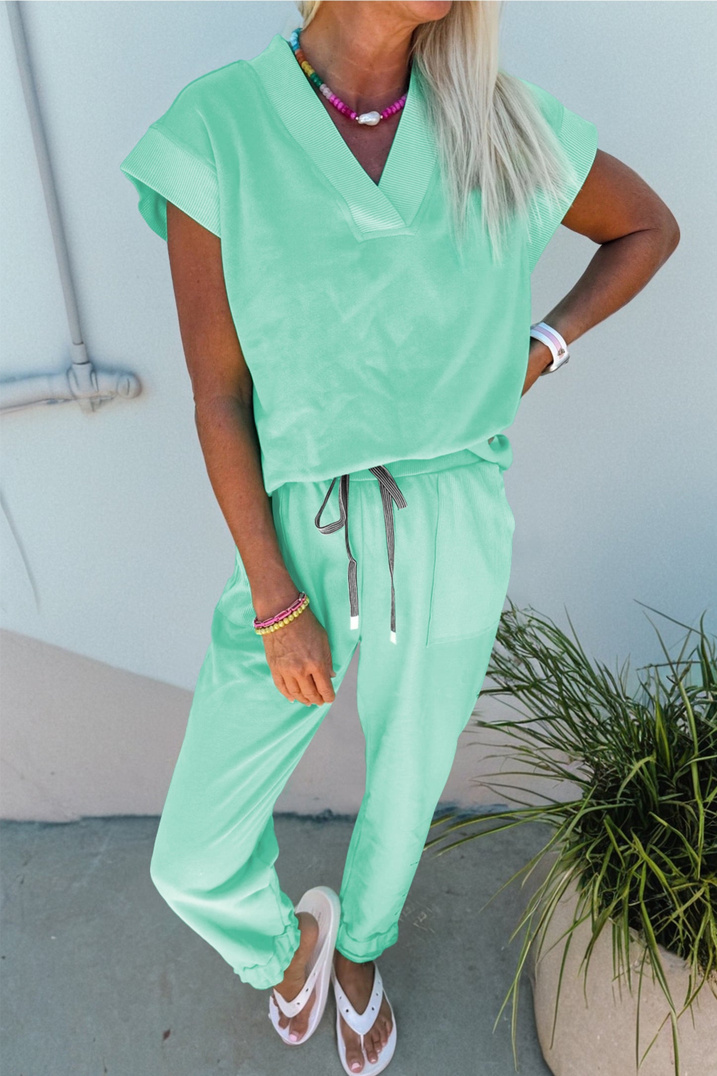 Solid Color V Neck Tee Drawstring Pant Set -3 COLOR OPTIONS