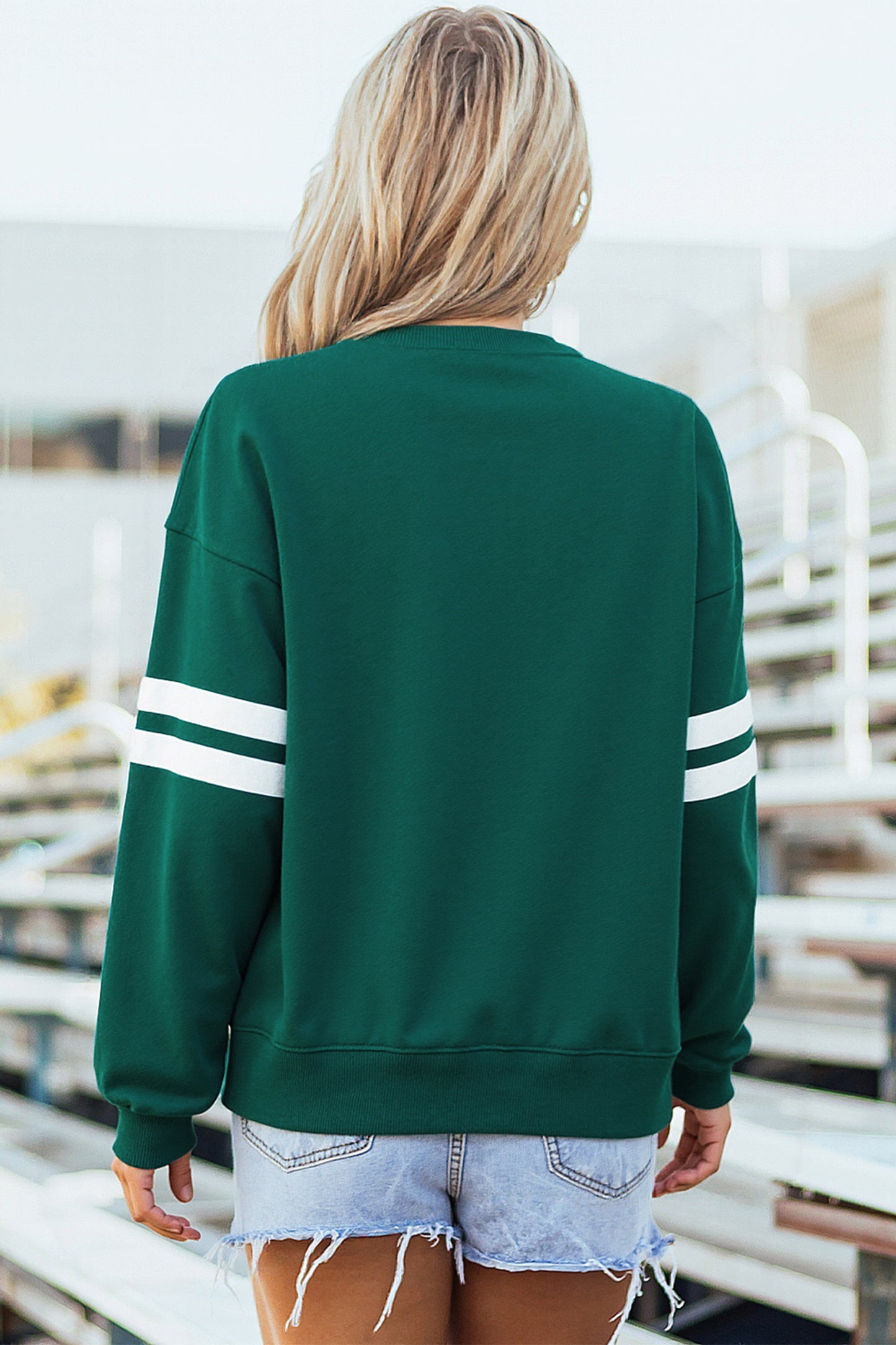 Evergreen Ribbon Bow Lucky Clover Varsity Striped Sleeve Casual Sweatshirt