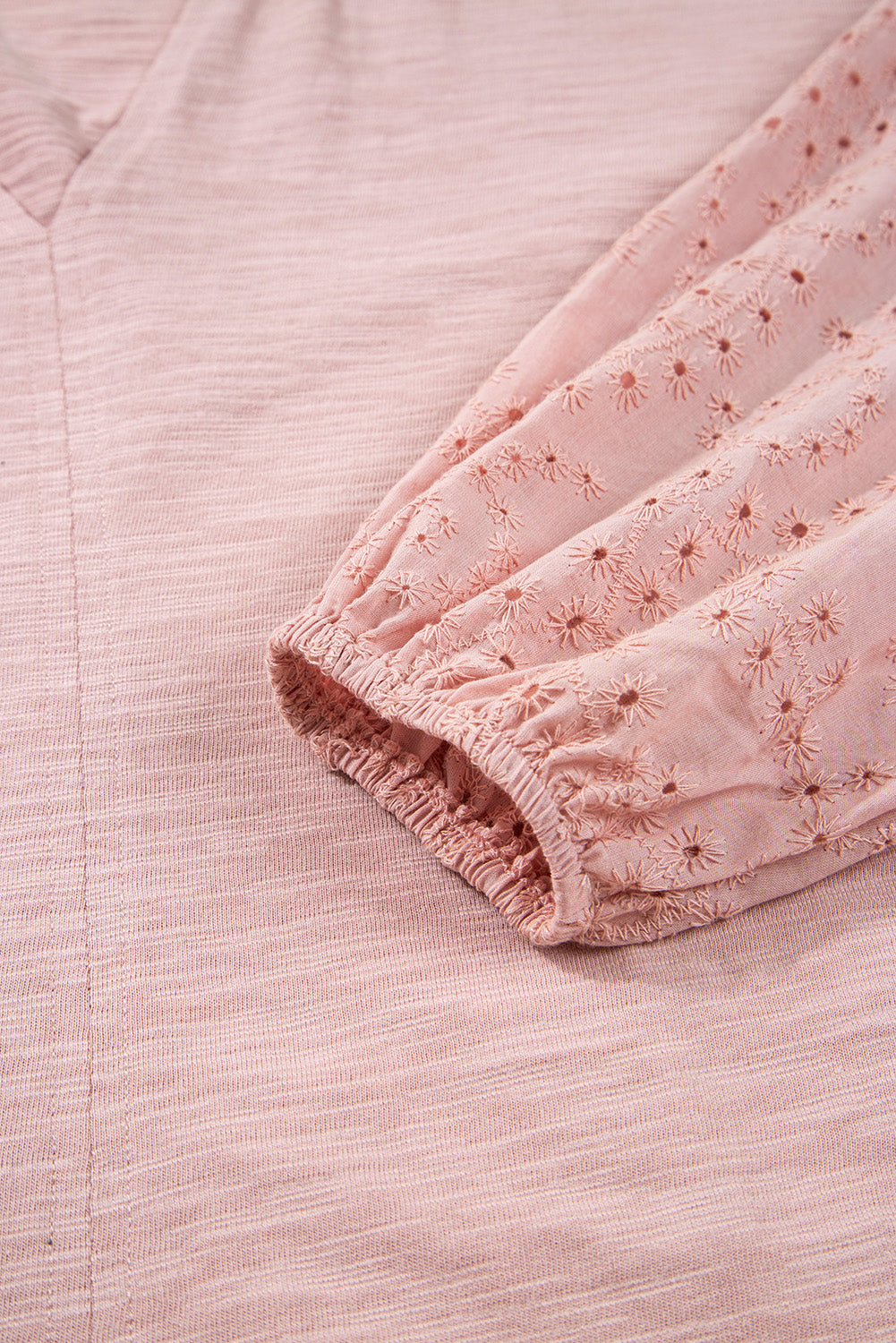 Light Pink Notch V Neck Batwing Sleeve Patchwork Blouse