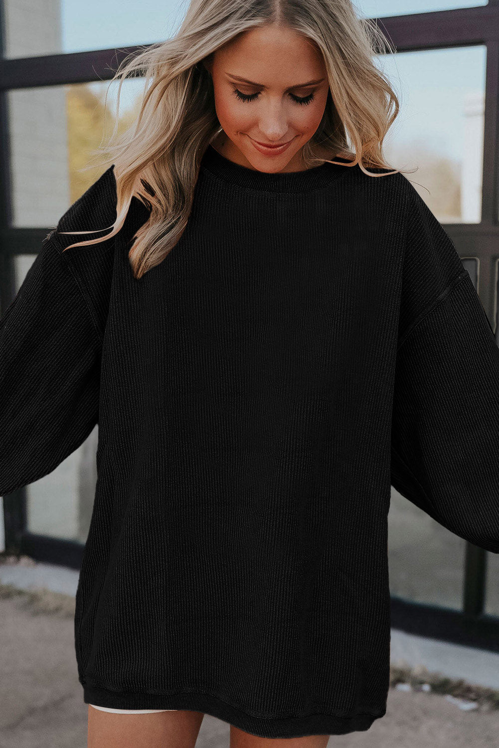 Drop Sleeve Rib Knit Oversized Sweatshirt -13 COLOR OPTIONS