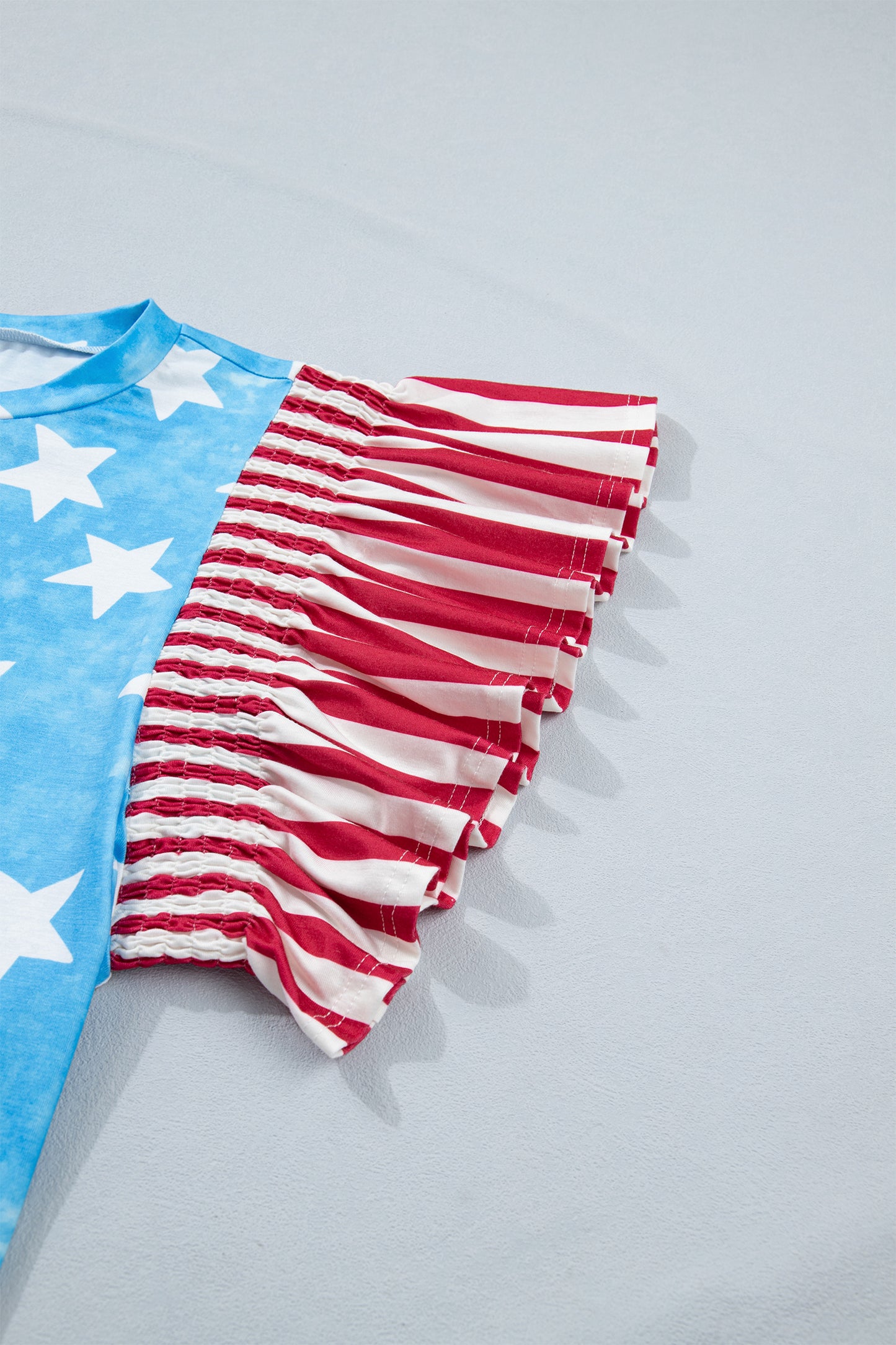 Sky Blue Vintage Star Print Striped Ruffle Sleeve Independence Day Top