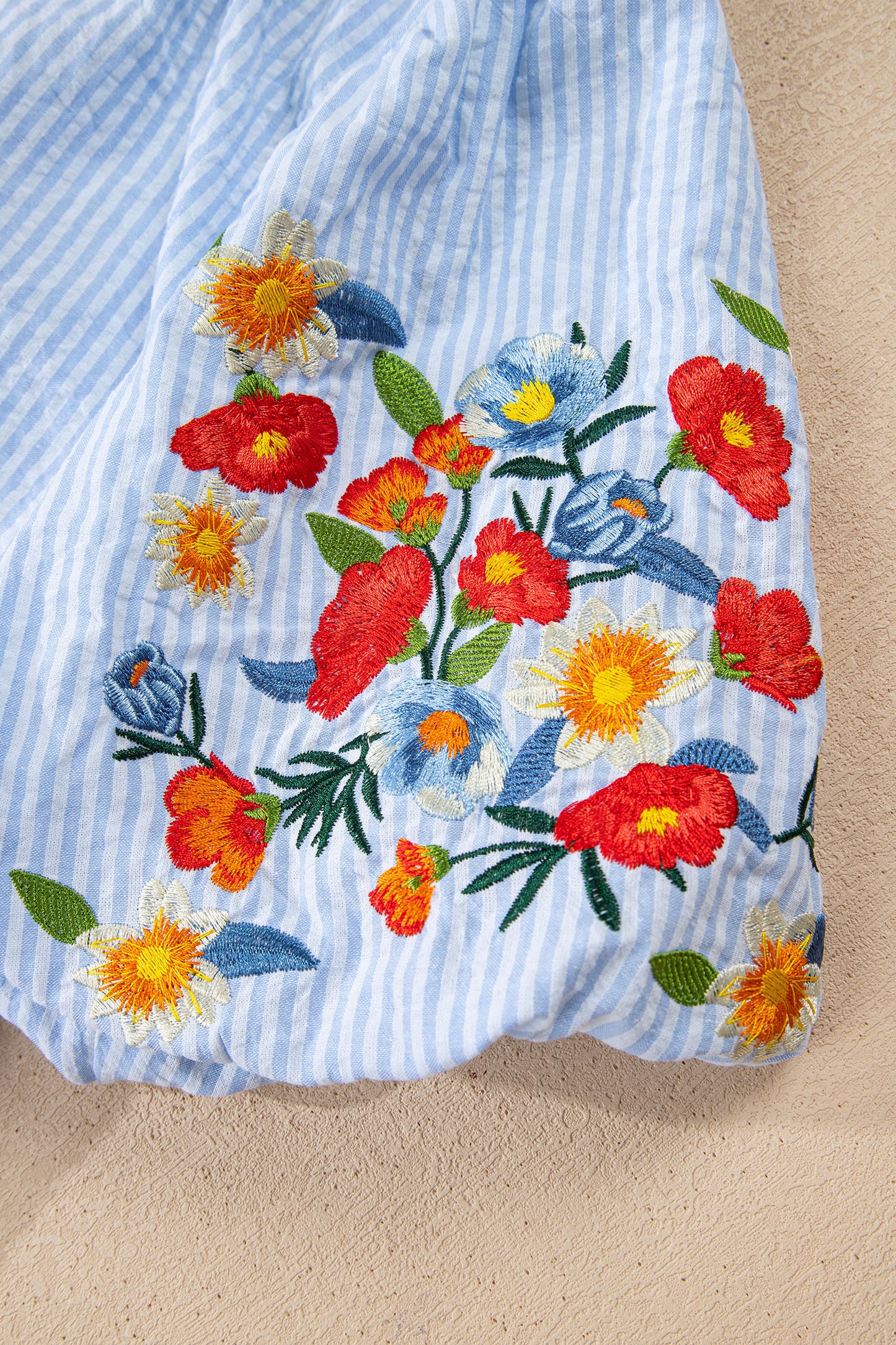 Sky Blue Stripe Floral Embroidered Puff Sleeve Ruffle Trim Shirt