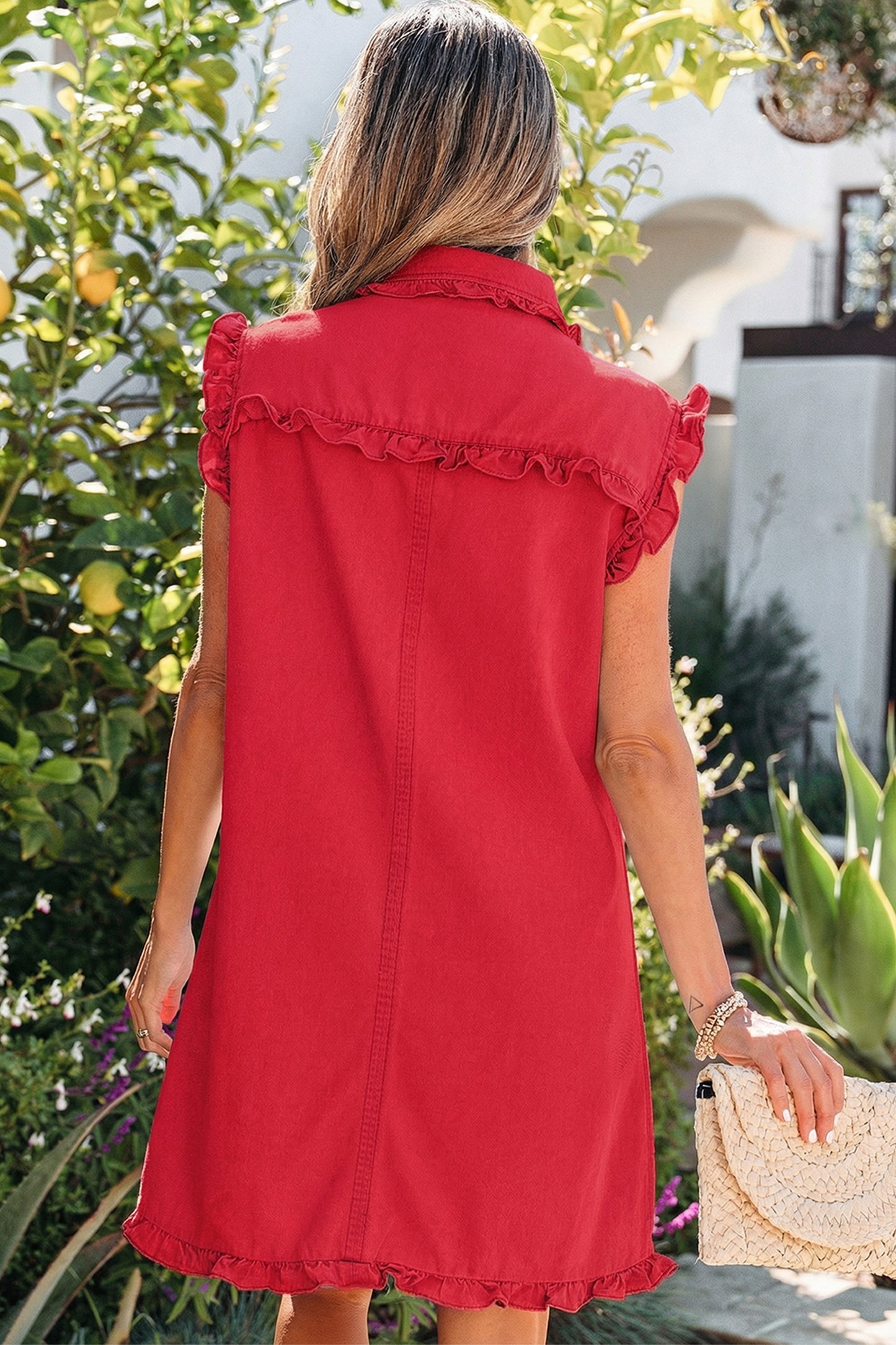 Ruffled Edge Collared Shift Denim Dress with Pockets- 3 COLOR OPTIONS