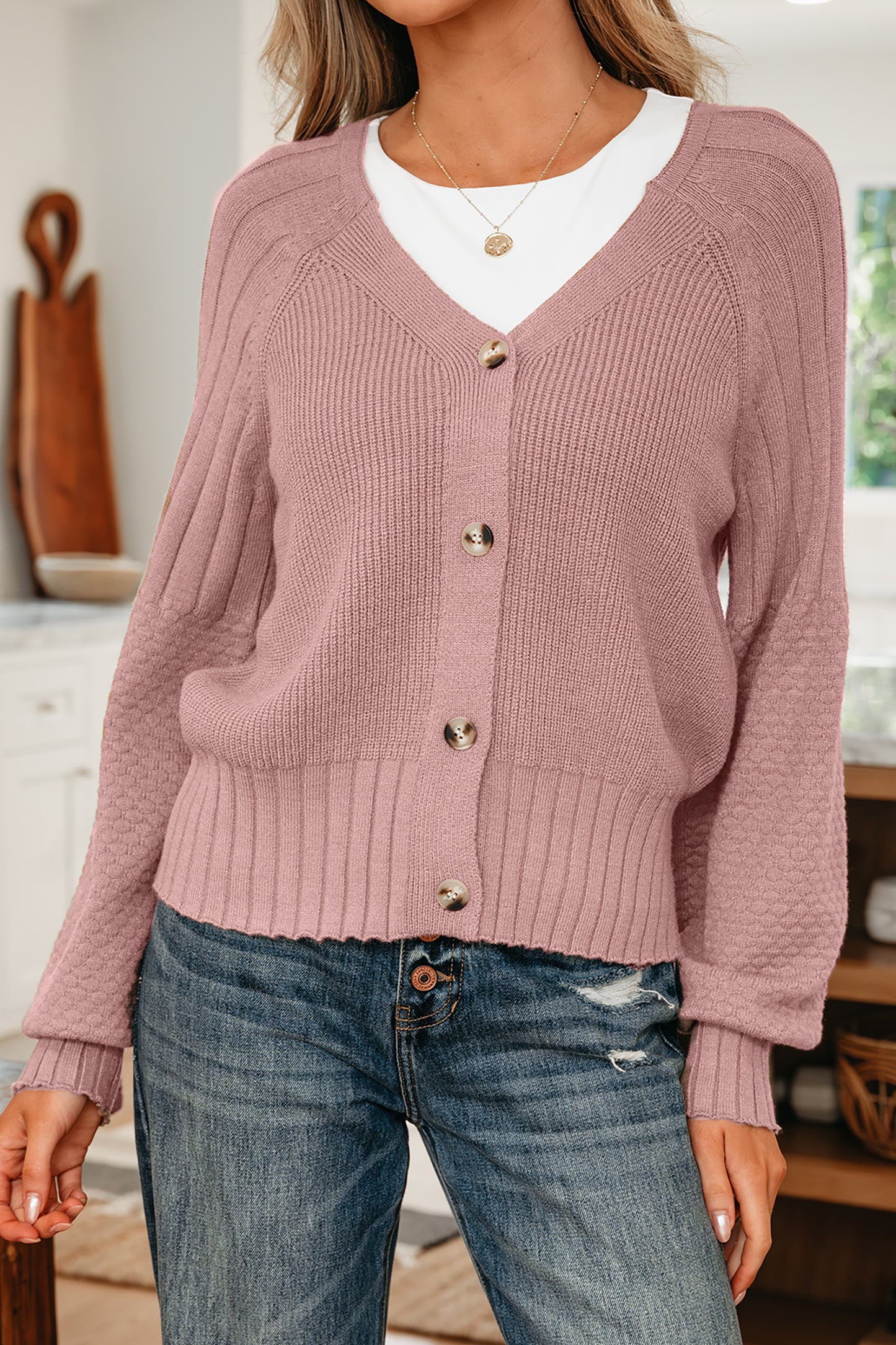 Mixed Texture Knit Button V Neck Sweater Cardigan -2 COLOR OPTIONS