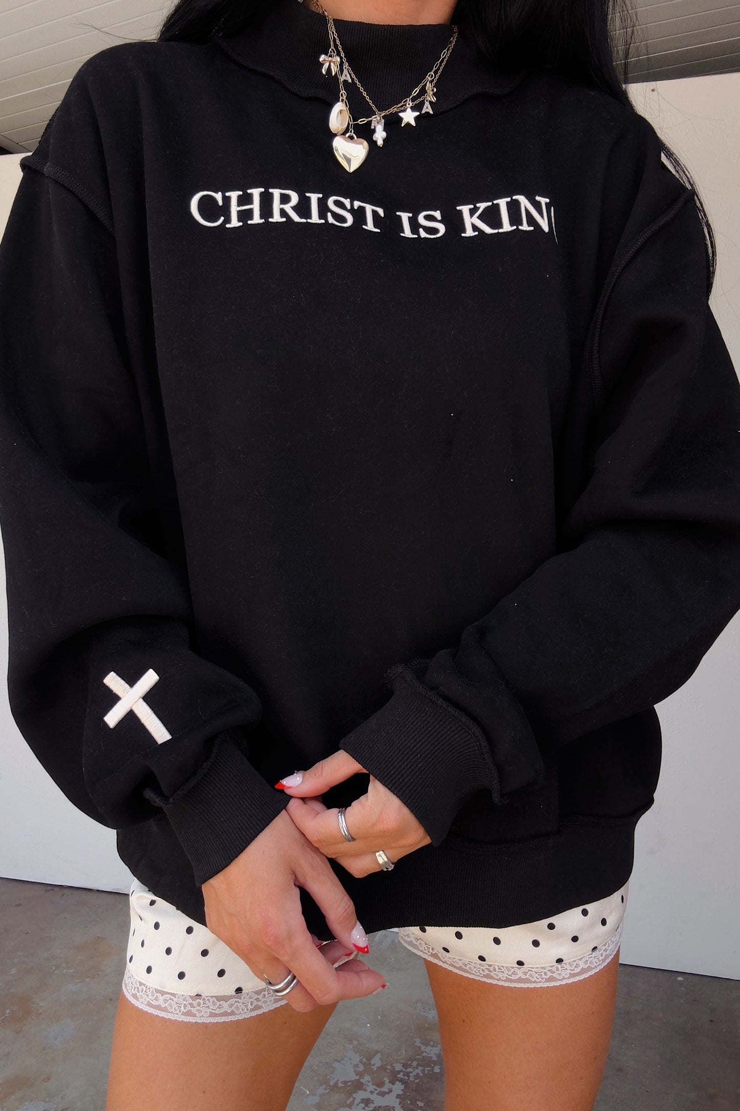CHRIST IS KING Embroidery High Neck Baggy Sweatshirt -2 COLOR OPTIONS