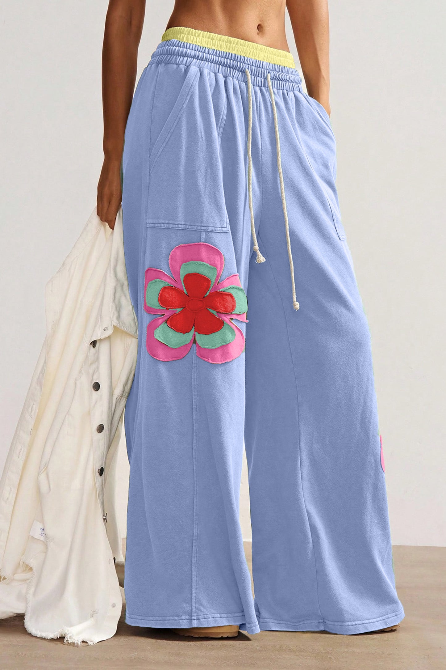 Color Block Flower Patchwork Drawstring Contrasted Elastic Waist Wide Leg Pants - 3 COLOR OPTIONS