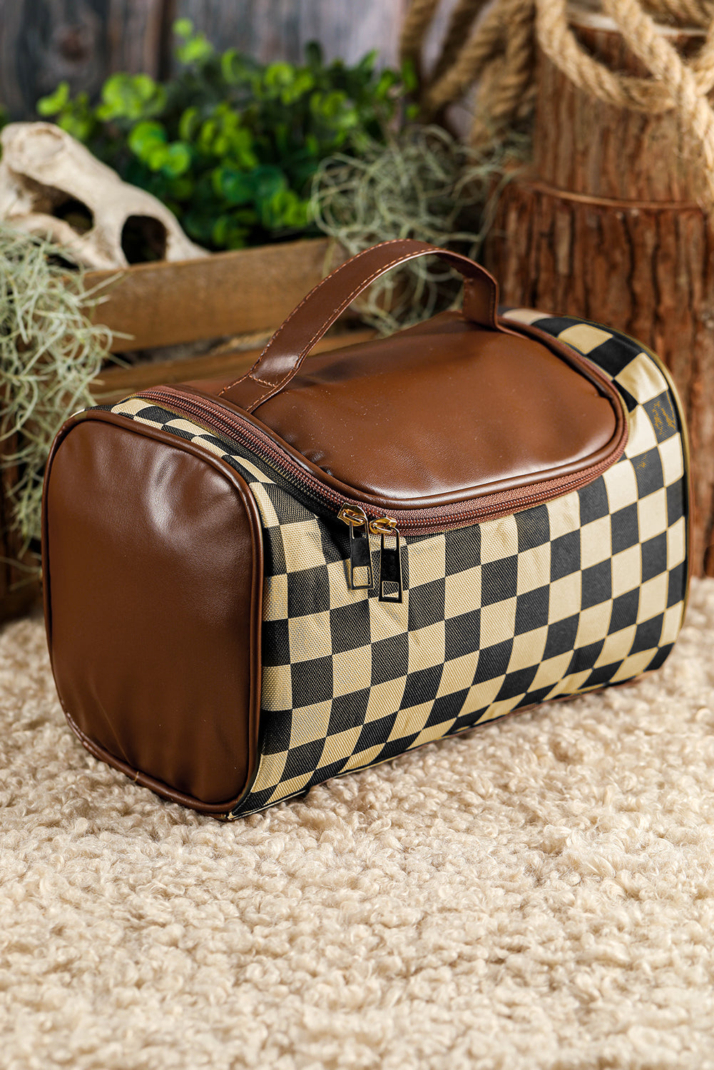 Brown Checker Print Leather Zipper Makeup Bag