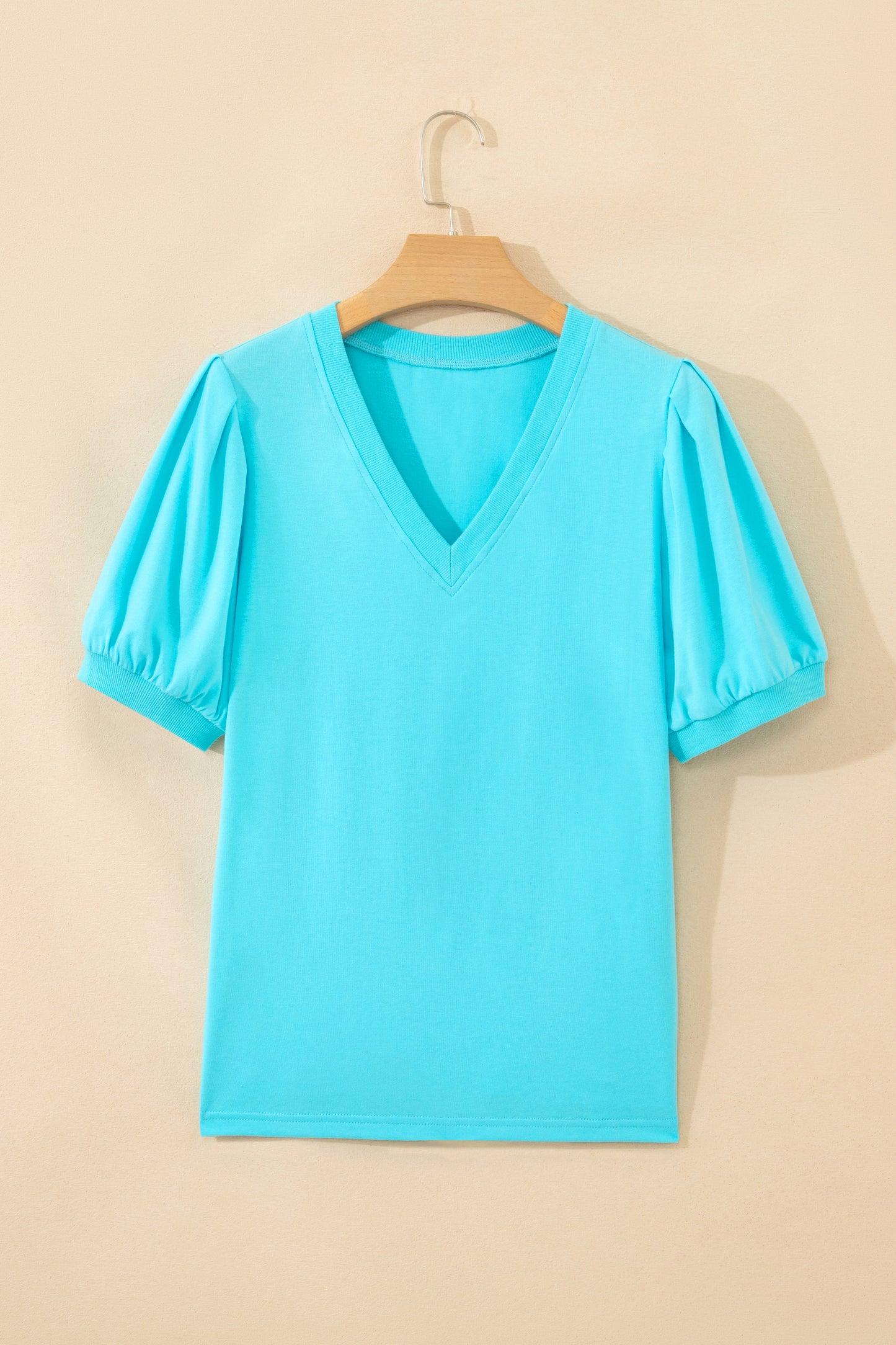 Solid Color V Neck Short Puff Sleeve Blouse -4 COLOR OPTIONS