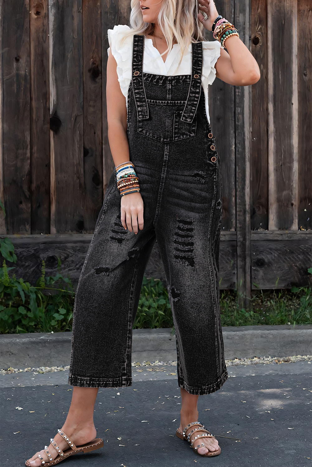 Distressed Bib Pocket Wide Leg Denim Overall -2 COLOR OPTIONS
