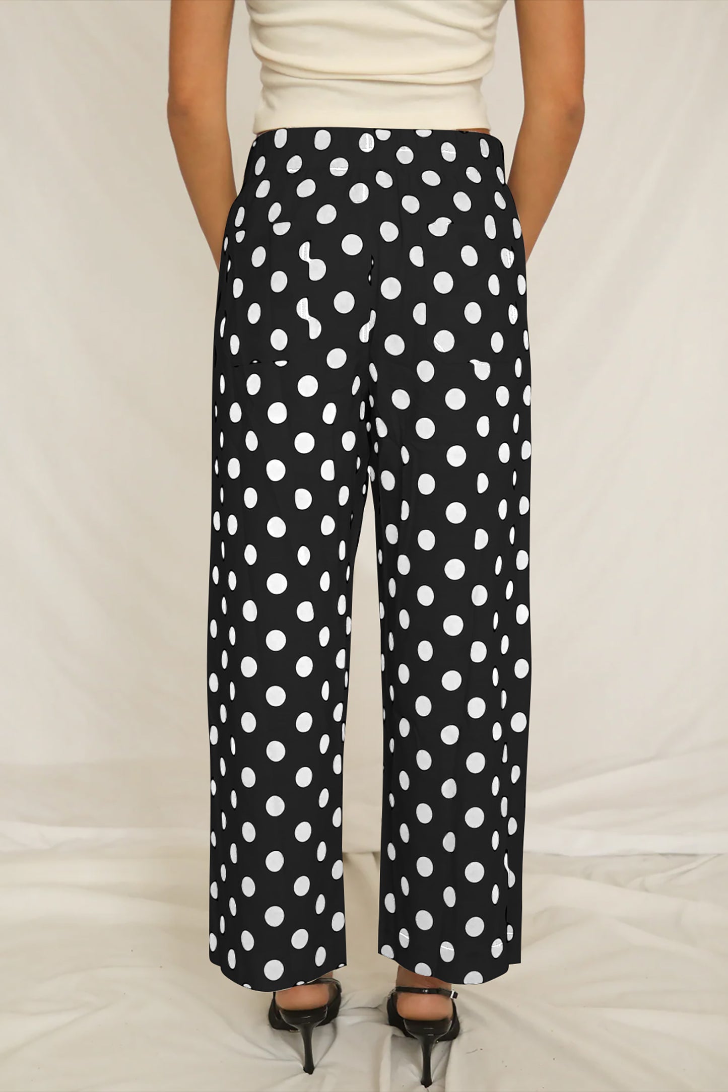 Polka Dot Print Patched Pocket Mid-rise Straight Leg Pants- 4 COLOR OPTIONS