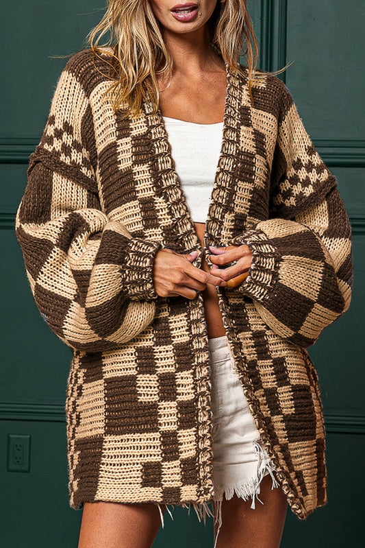 Colorblock Checked Loose Fit Open Front Knitted Cardigan -VAREITY OF COLORS