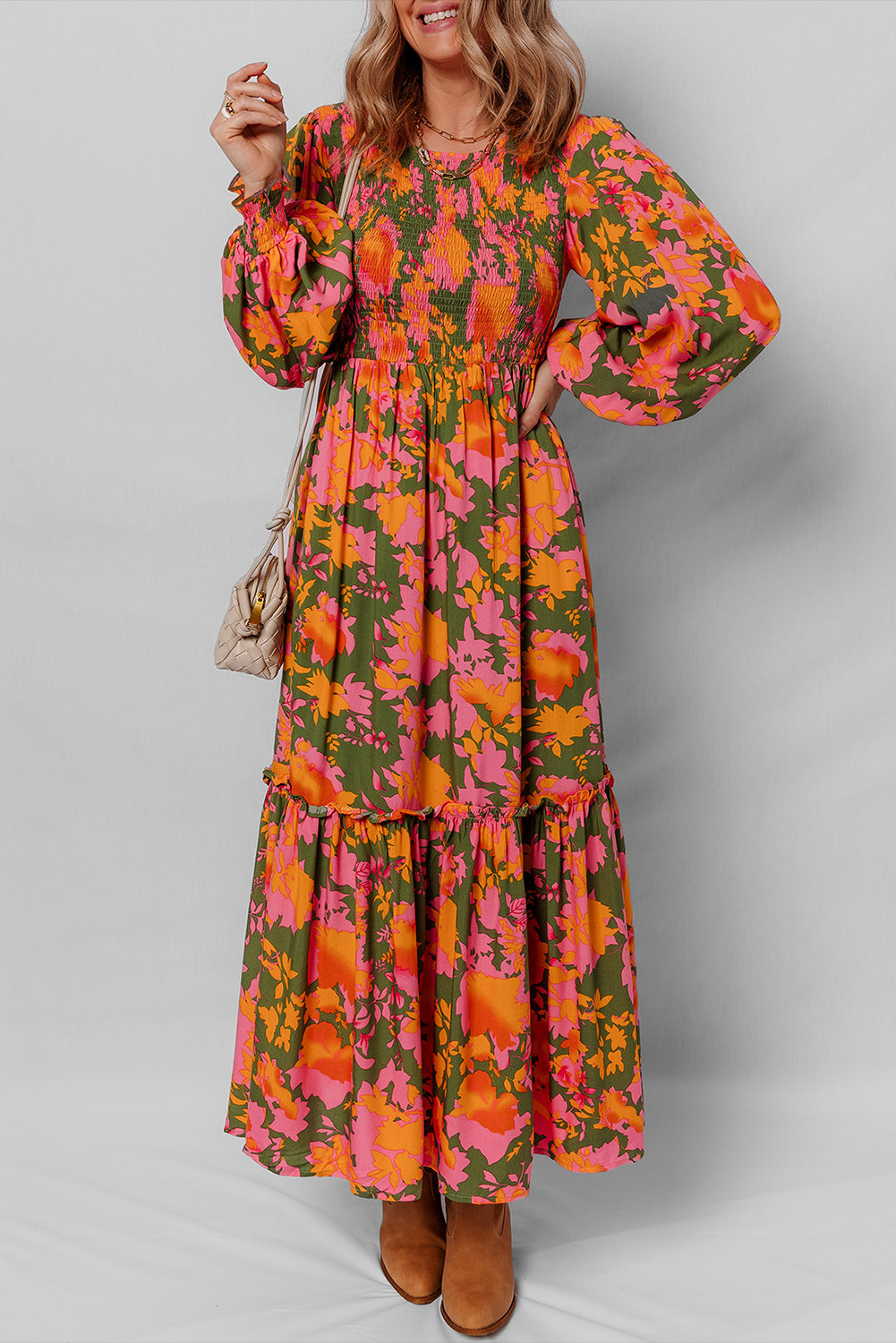 Chestnut Floral Puff Sleeve Smocked Bodice Ruffled Long Dress