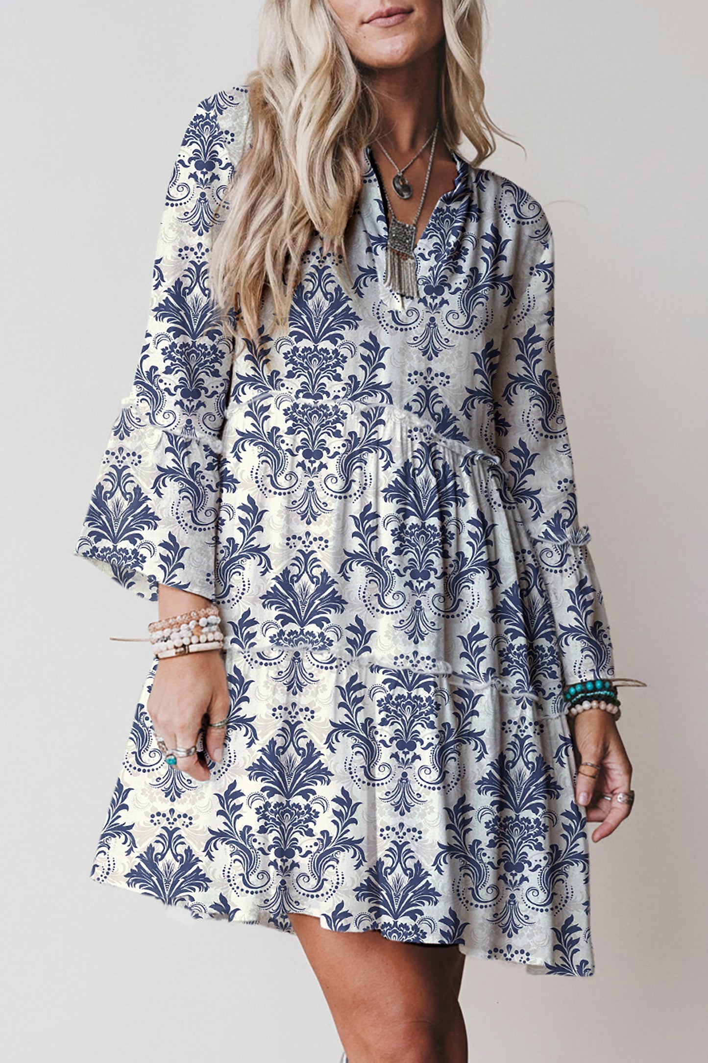 Boho Floral Print Lettuce Trim 3/4 Sleeve Mini Dress- 3 COLOR OPTIONS