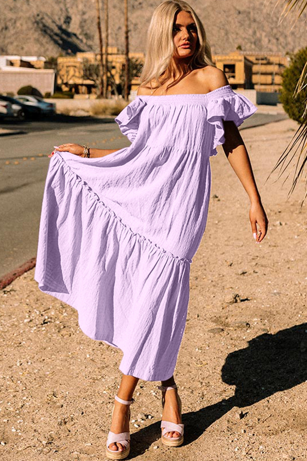 Ruffled Flutter Sleeve Square Neck Textured Tiered Maxi Dress -3 COLOR OPTIONS