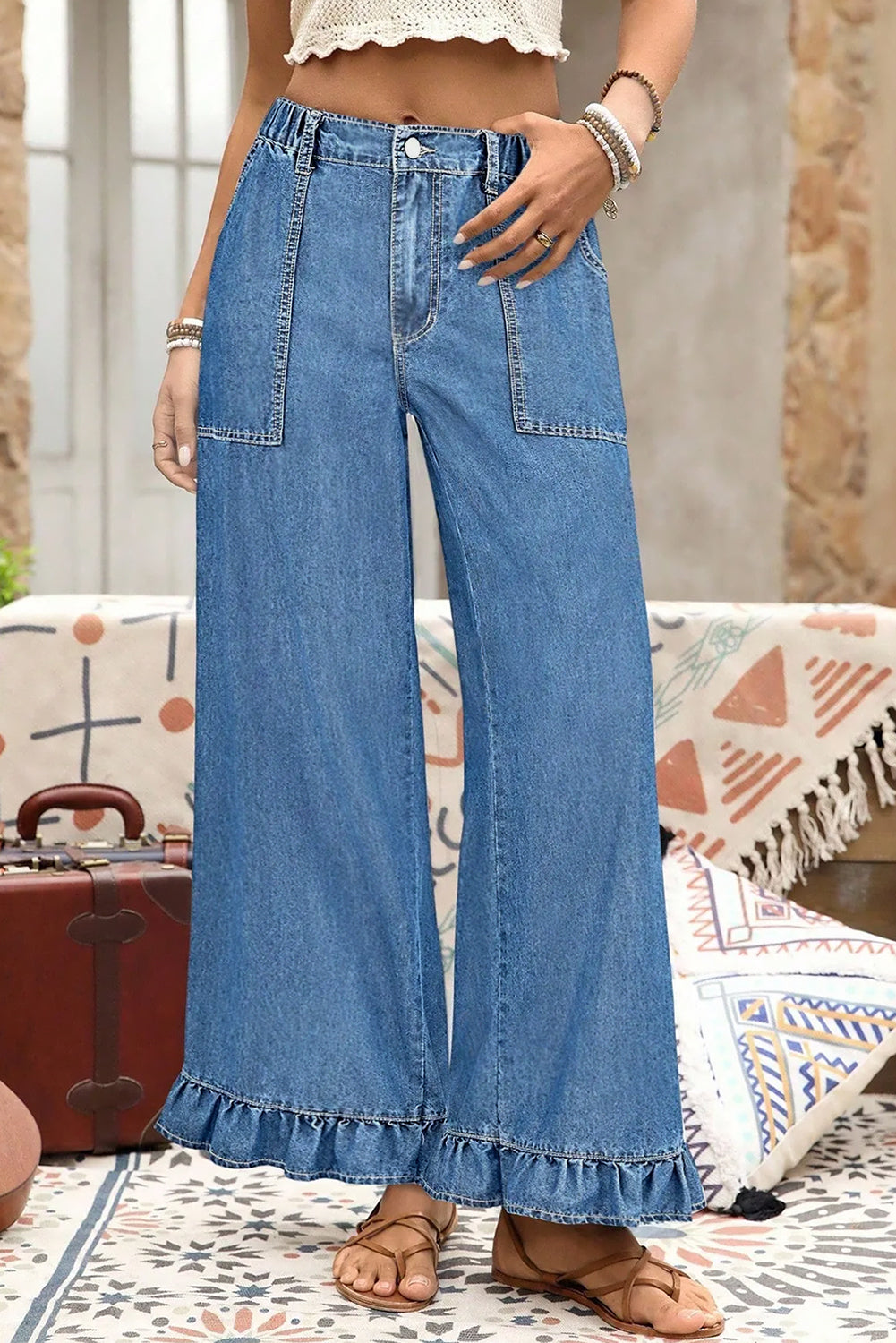 PLUS SIZE -Elastic Waist Ruffled Wide Leg Denim Pants Plus Size -4 COLOR OPTIONS