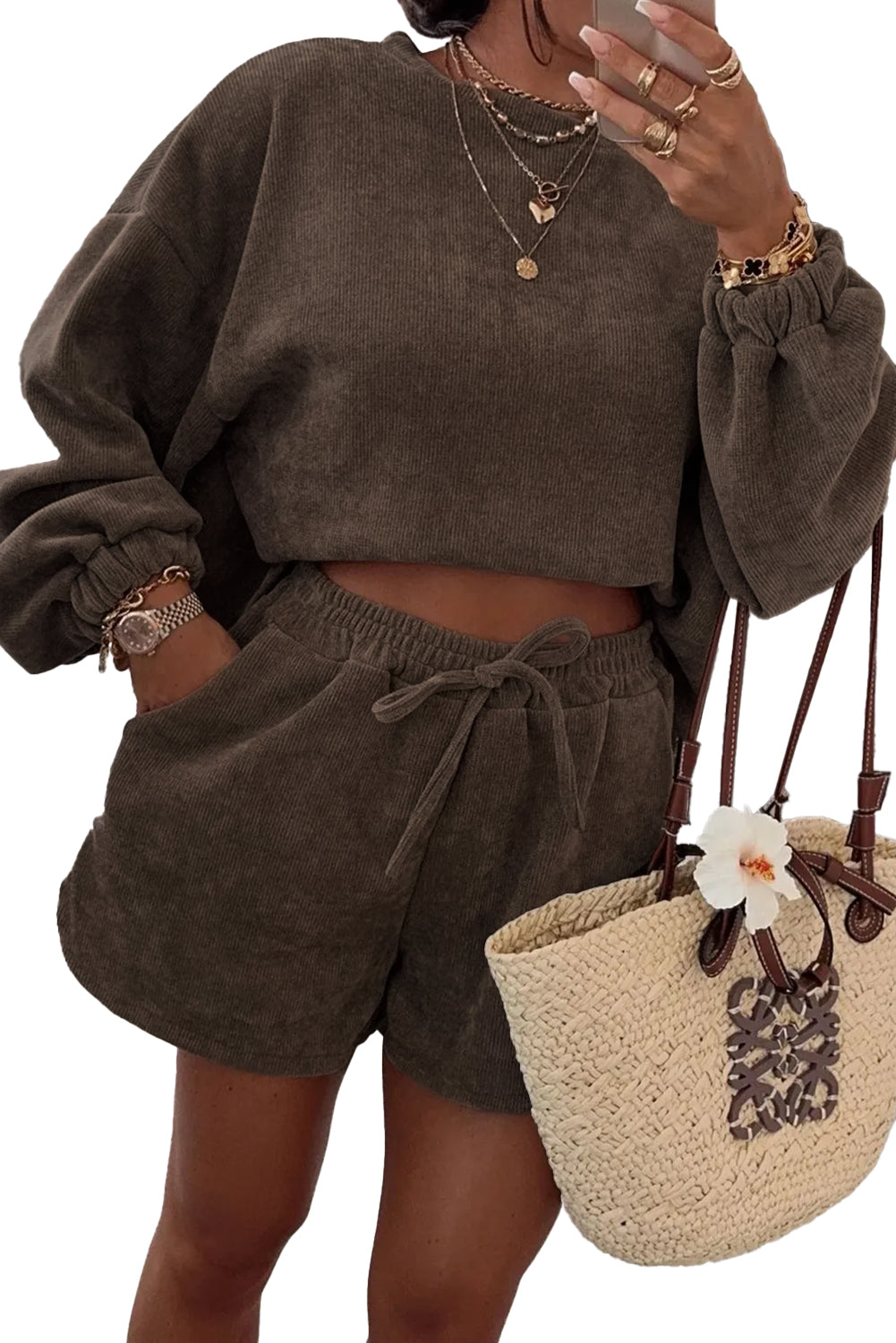 Textured Knit Drop Shoulder Pullover Drawstring Shorts Set -4 COLOR OPTIONS