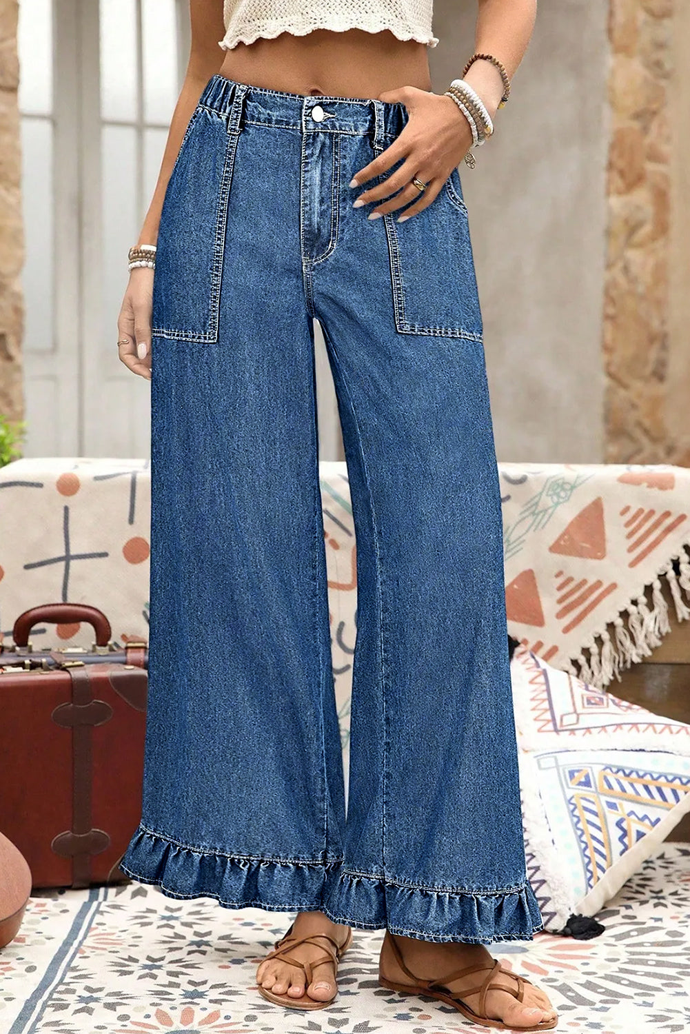 PLUS SIZE -Elastic Waist Ruffled Wide Leg Denim Pants Plus Size -4 COLOR OPTIONS