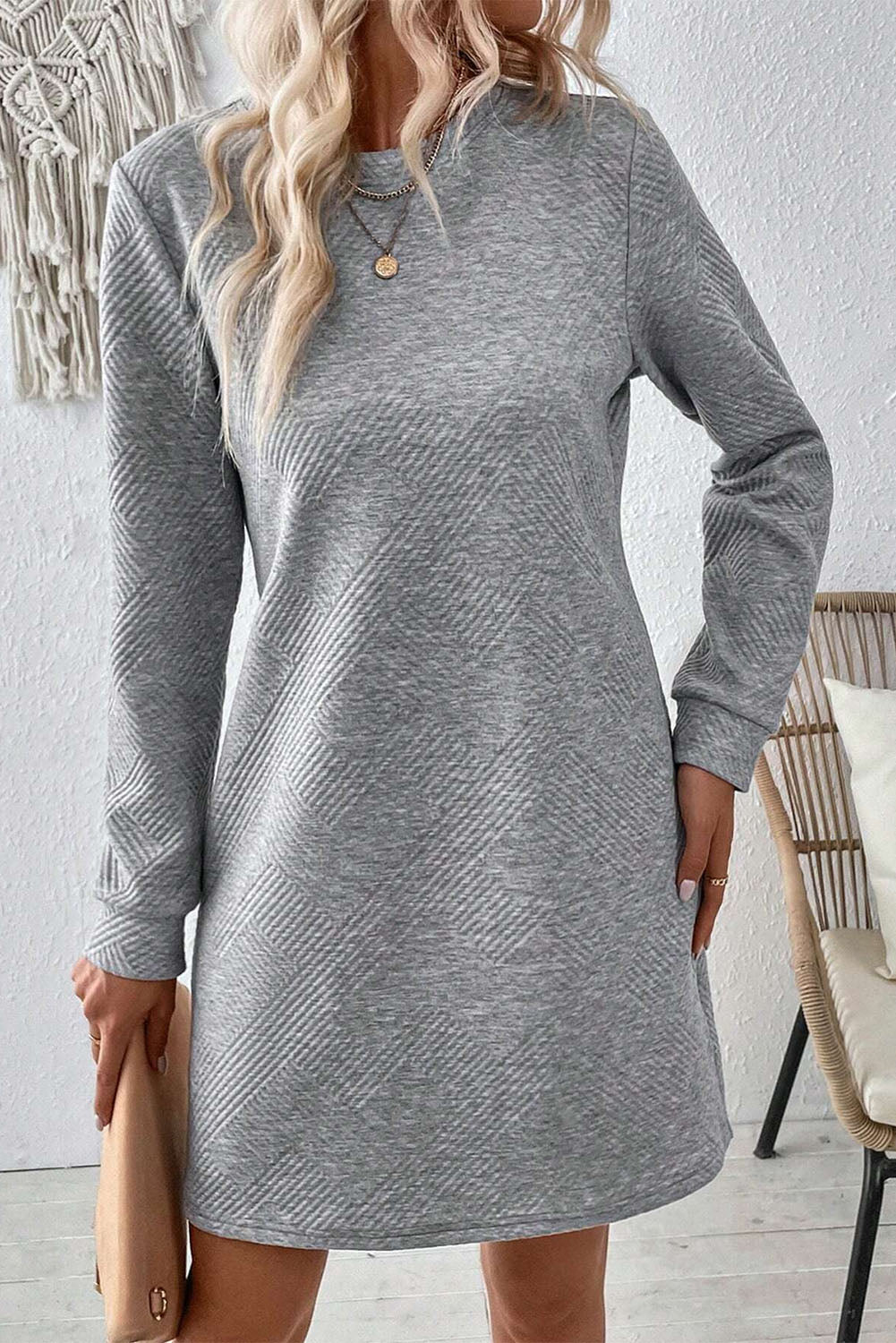 Plain Textured Long Sleeve Shift Short Dress -2 COLOR OPTIONS