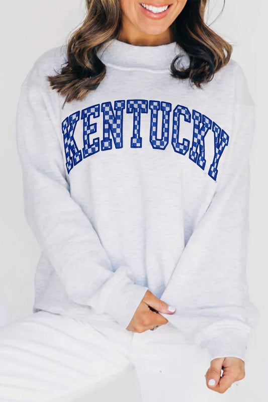 Light Grey High Neck Embroidered Checkered Letter Game Day Sweatshirt