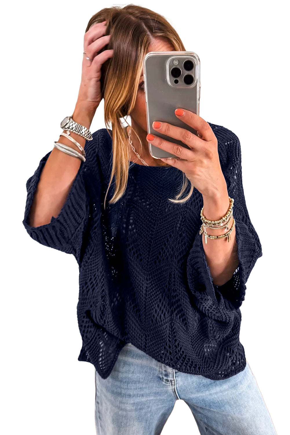 Hollow Out Knit 3/4 Sleeve Casual Sweater -2 COLOR OPTIONS
