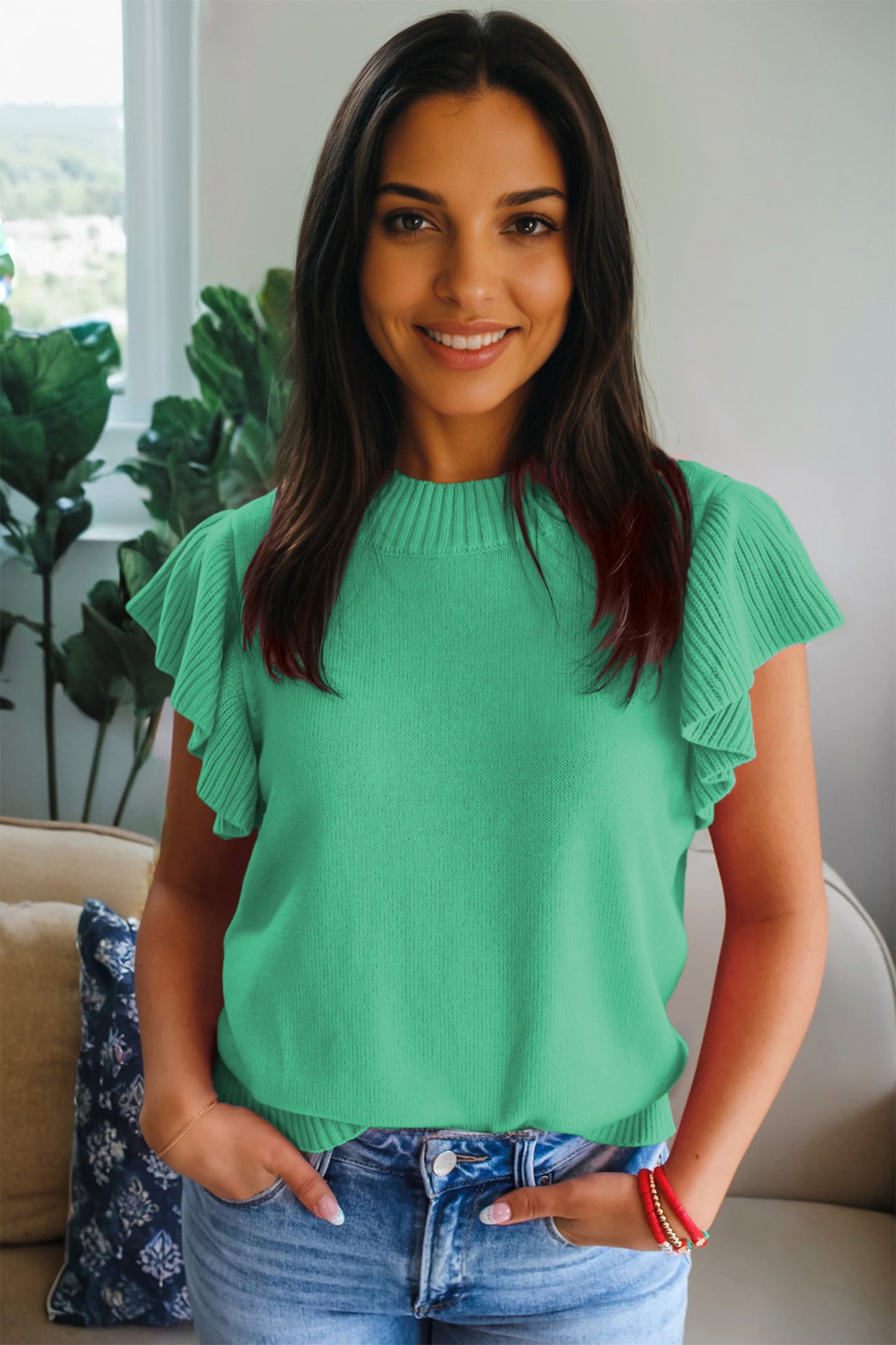 Solid Color Ribbed Trim Round Neck Ruffle Short Sleeve Sweater -3 COLOR OPTIONS