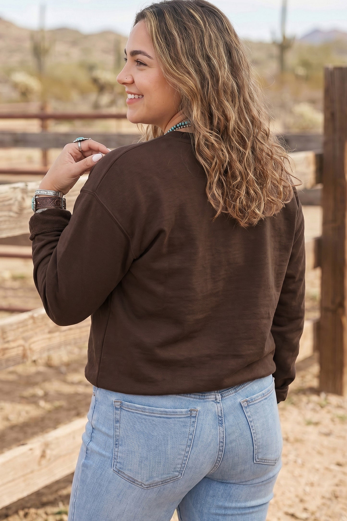 PLUS SIZE -Coffee PRAY Letter Patchwork Round Neck Long Sleeve Plus Size Sweatshirt