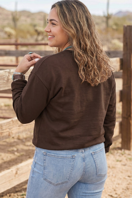 PLUS SIZE -Coffee PRAY Letter Patchwork Round Neck Long Sleeve Plus Size Sweatshirt