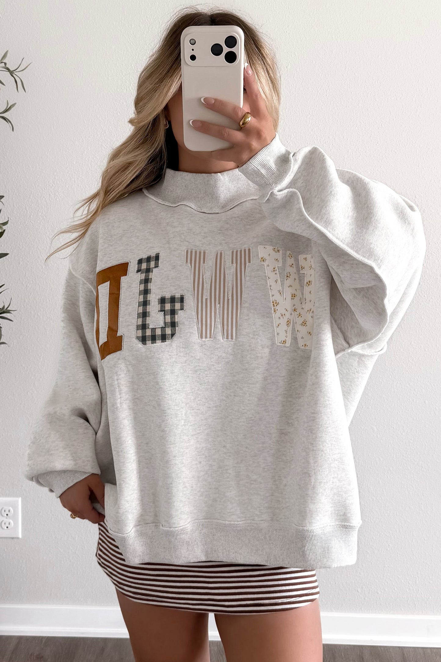 WWJD Mixed Pattern Embroidered Patch Graphic Mock Neck Sweatshirt -3 COLOR OPTIONS
