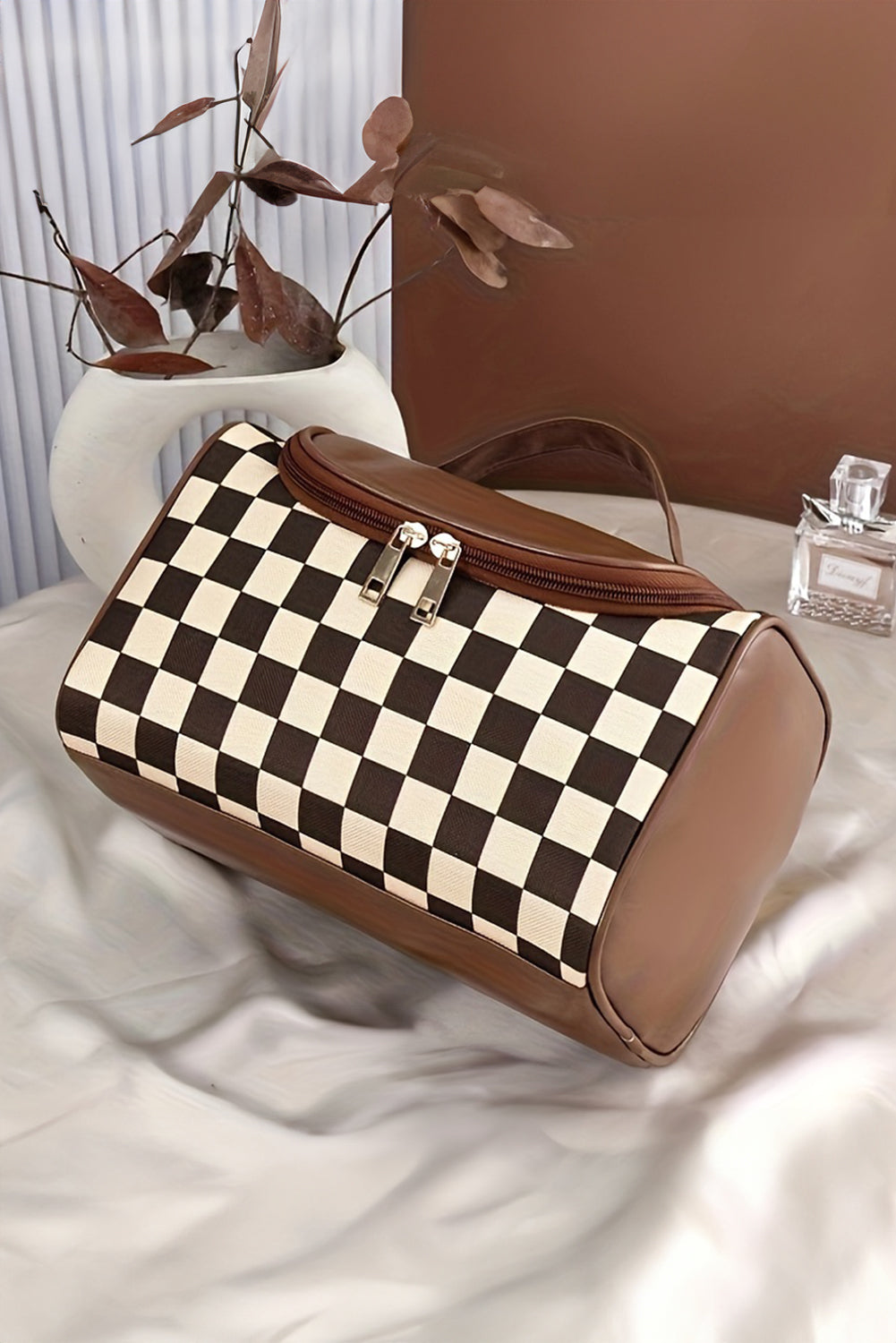 Brown Checker Print Leather Zipper Makeup Bag