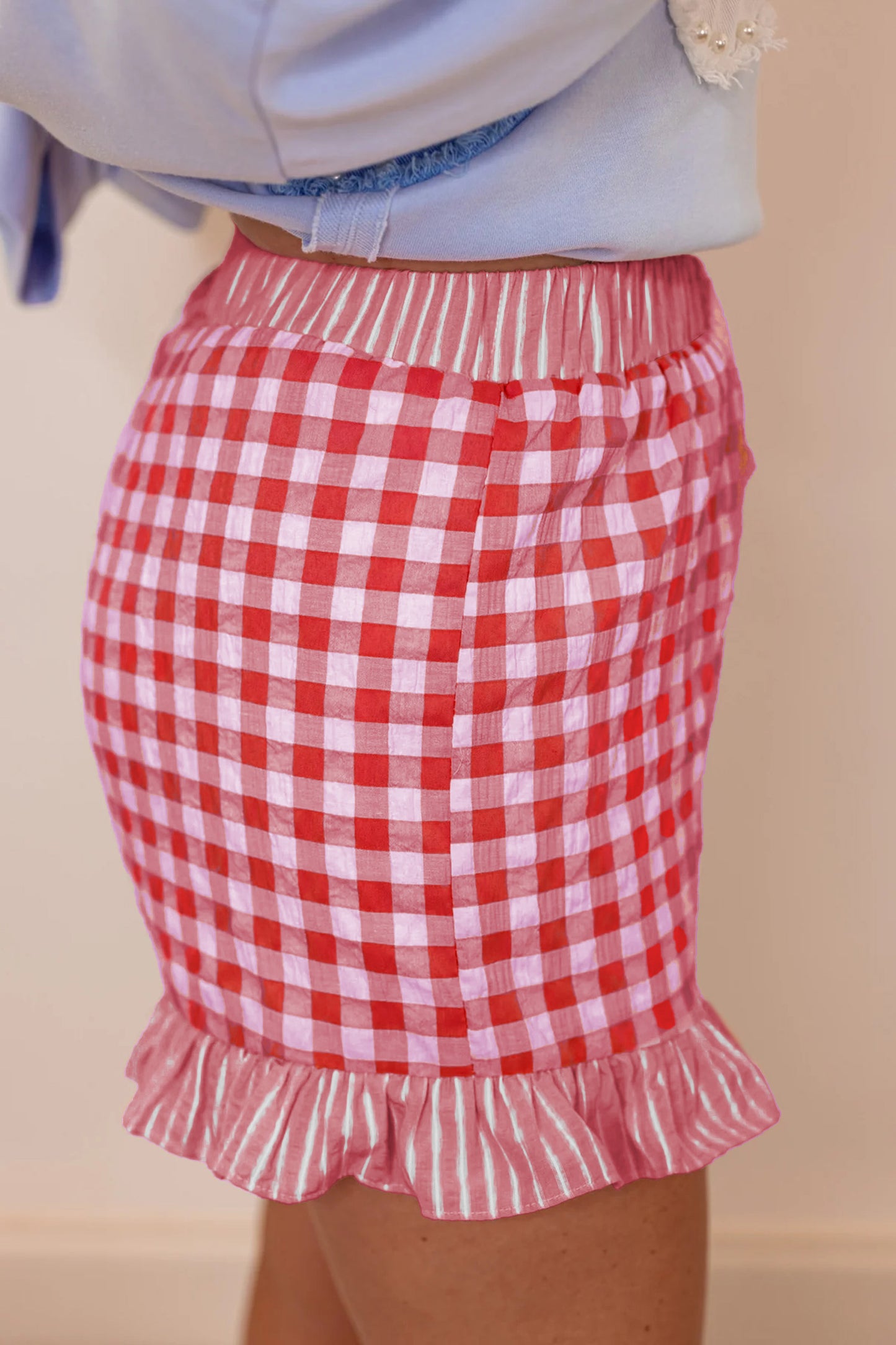 Gingham Print Ruffle Striped Detail Lace Tie Shorts -3 COLOR OPTIONS