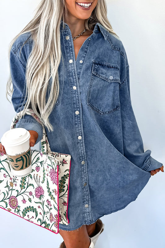 Chest Pocket Raw Hem Denim Loose Shirt Dress -2 COLOR OPTIONS