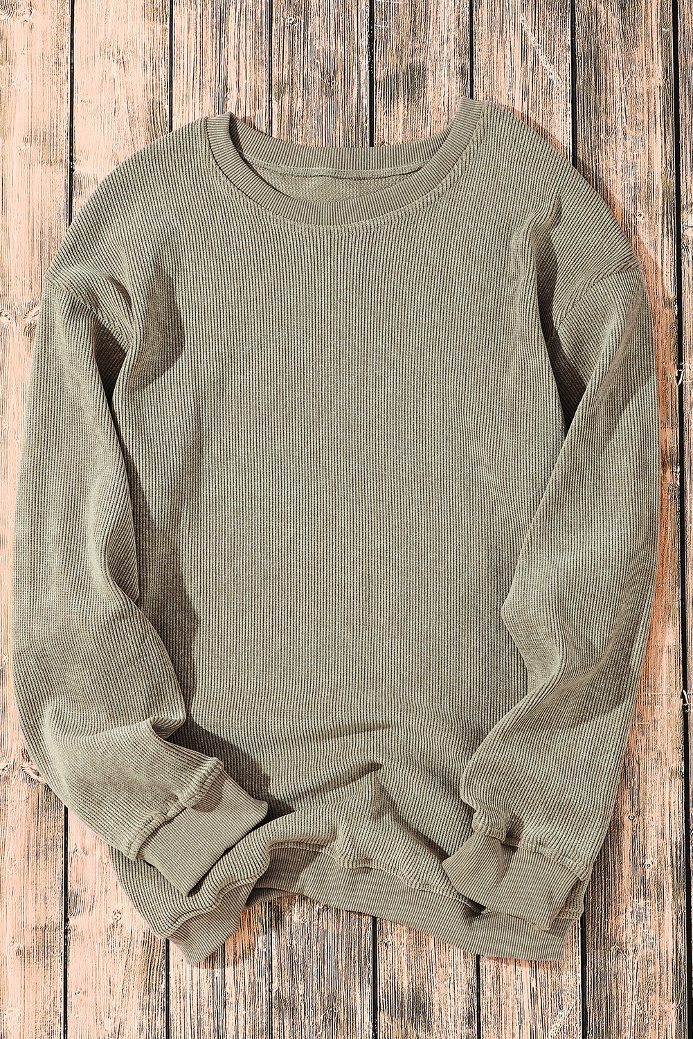 Solid Ribbed Round Neck Pullover Sweatshirt -Variety of Colors
