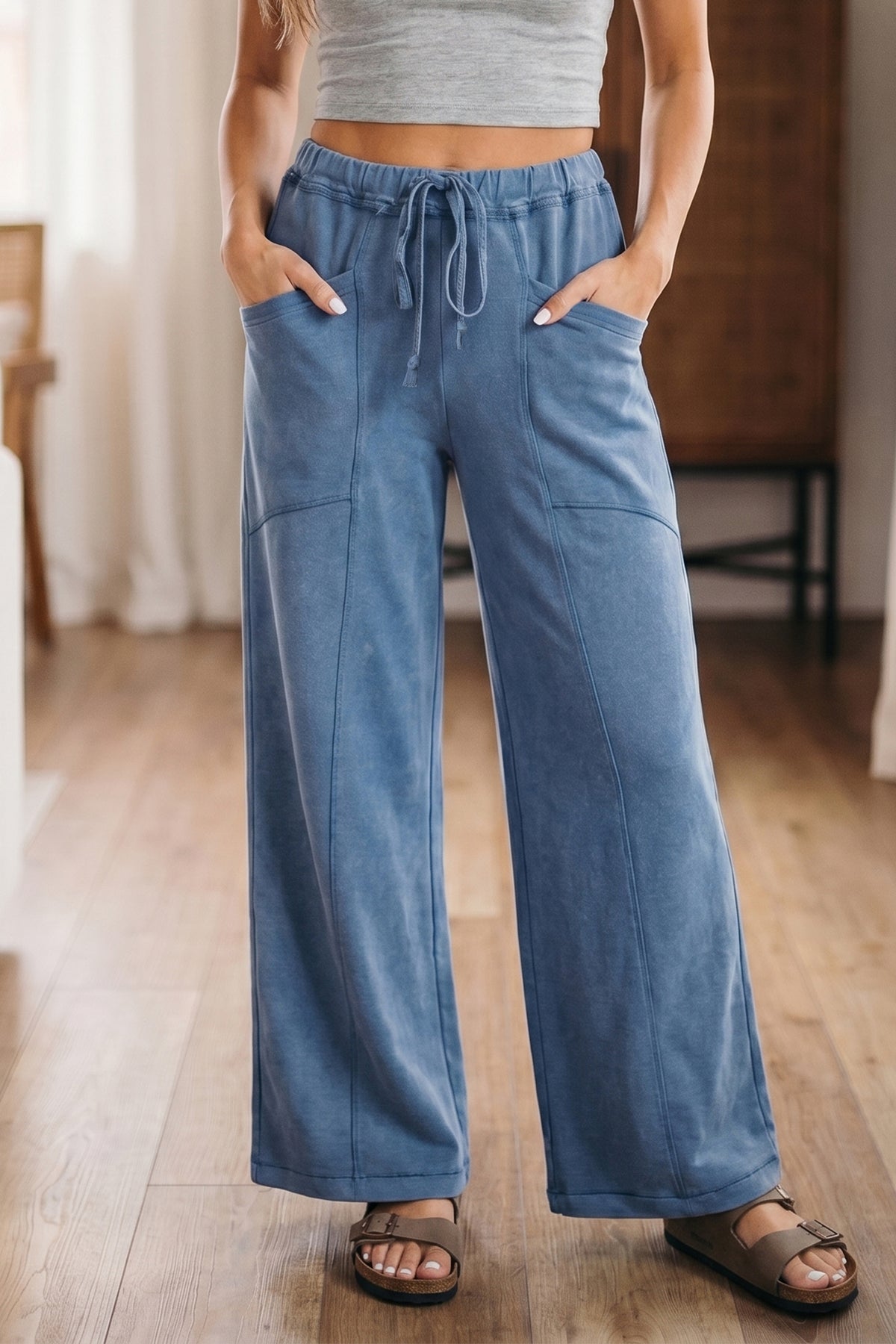 Mineral Wash Drawstring Retro High Waist Wide Leg Western Pants -2 COLOR OPTIONS