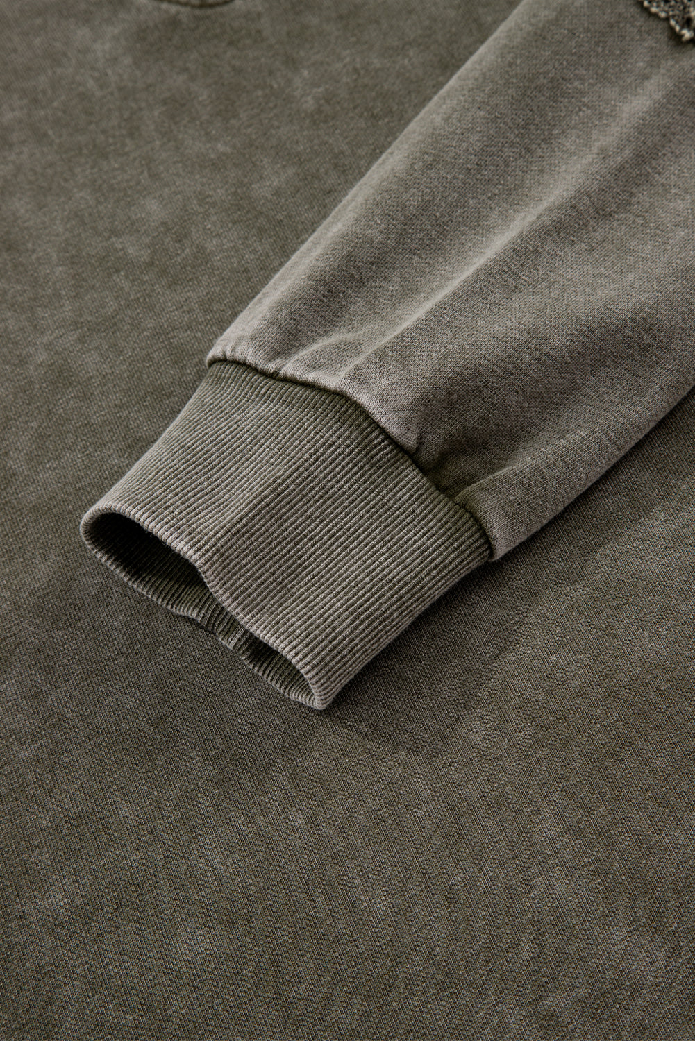 Jungle Green Lace Applique Notched Neck Mineral Wash Baggy Sweatshirt