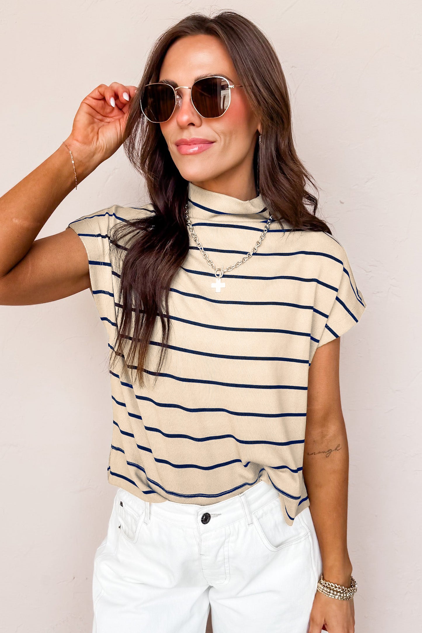 Khaki Stripe Mock Neck Short Sleeve Loose Top